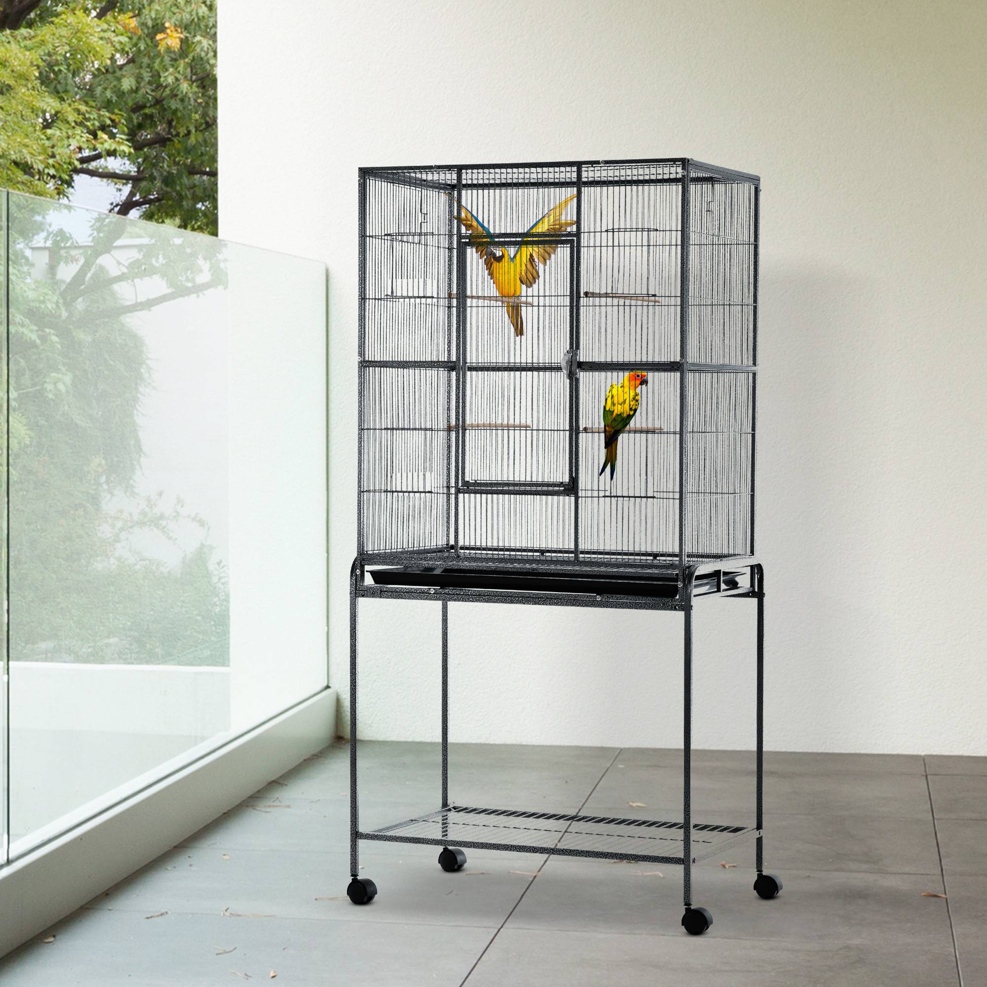 Pawhut - PawHut Cage à Oiseaux Portable avec 4 Mangeoires et 4 Perchoirs Pratique 81 x 48 x 163 cm Noir et Gris - Image 2
