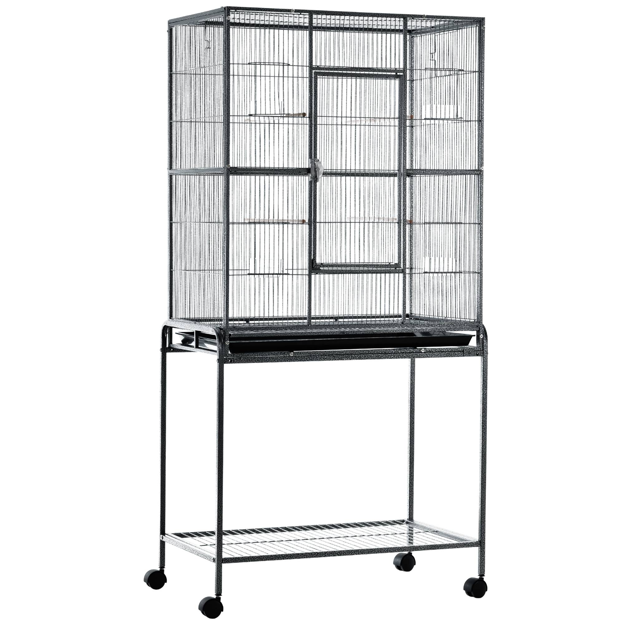 Pawhut - PawHut Cage à Oiseaux Portable avec 4 Mangeoires et 4 Perchoirs Pratique 81 x 48 x 163 cm Noir et Gris - Image 1