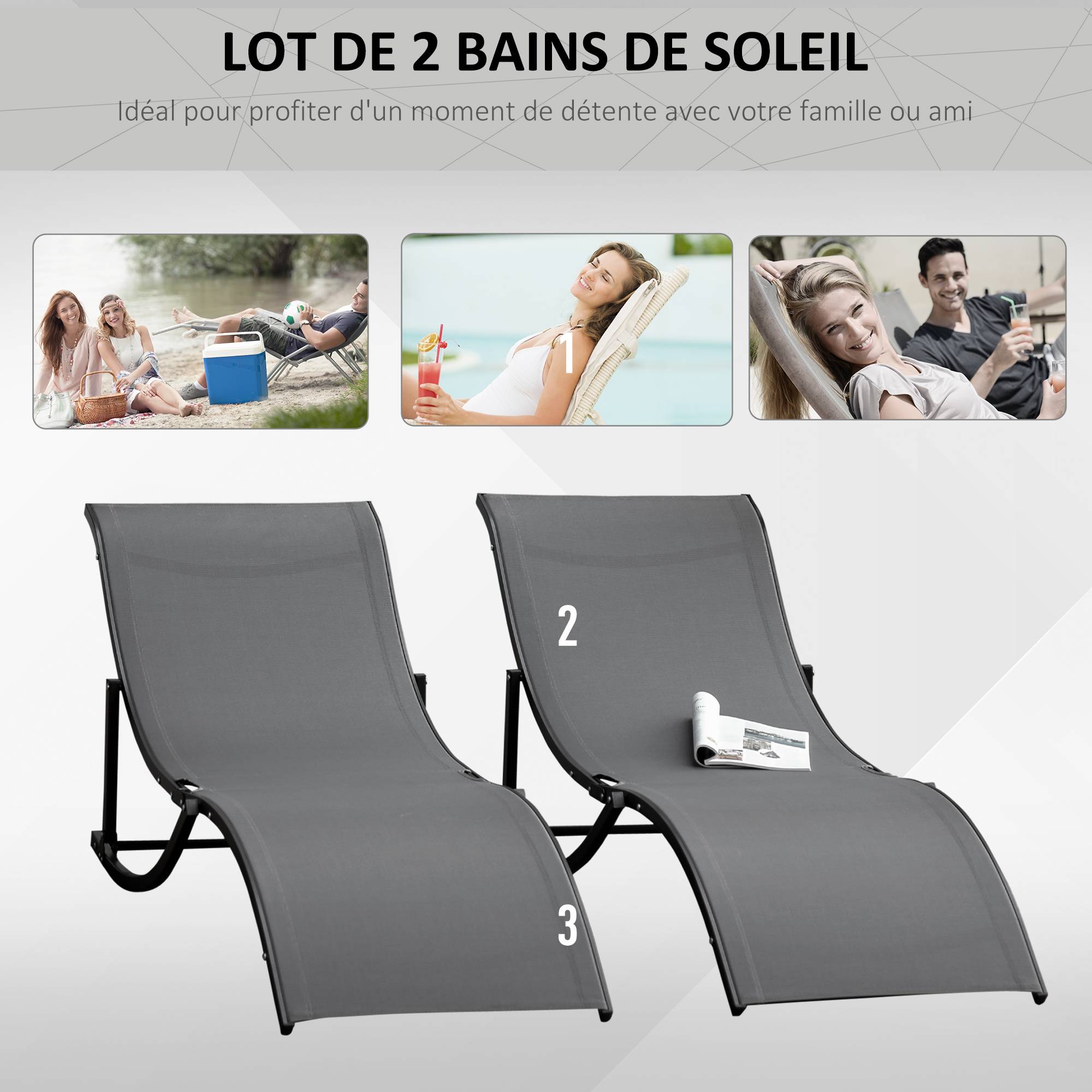 Sans Marque - Lot de 2 bains de soleil pliables, chaise longue jardin extérieur en aluminium et textilène anthracite - Image 6