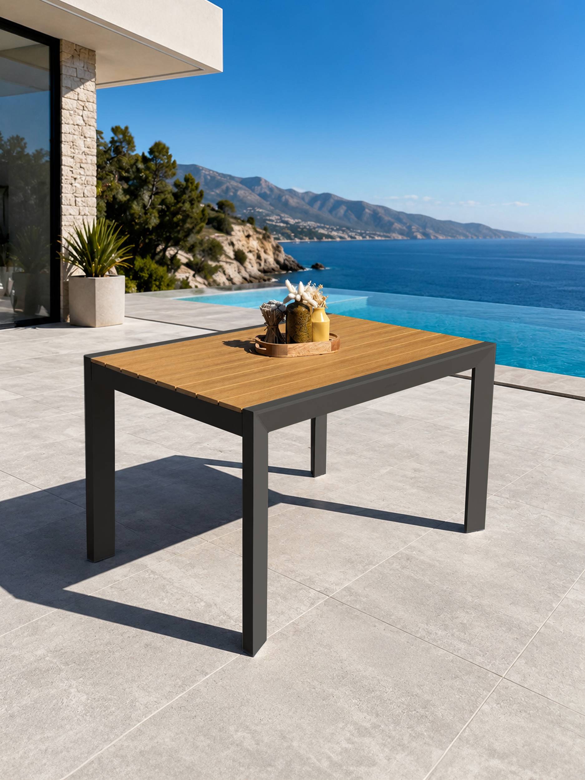 Dcb Garden - Table de jardin 4 places en alu plateau polywood aspect bois - Gris anthracite - TONGA