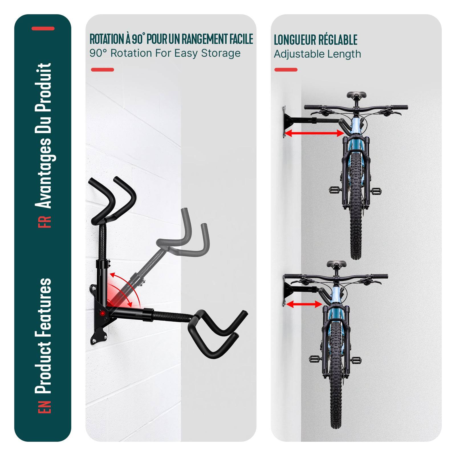 Vounot - Lot de 2 Supports muraux pour vélos réglables et pliables - Métal - Charge max 30kg - Noir - VOUNOT® - Image 4