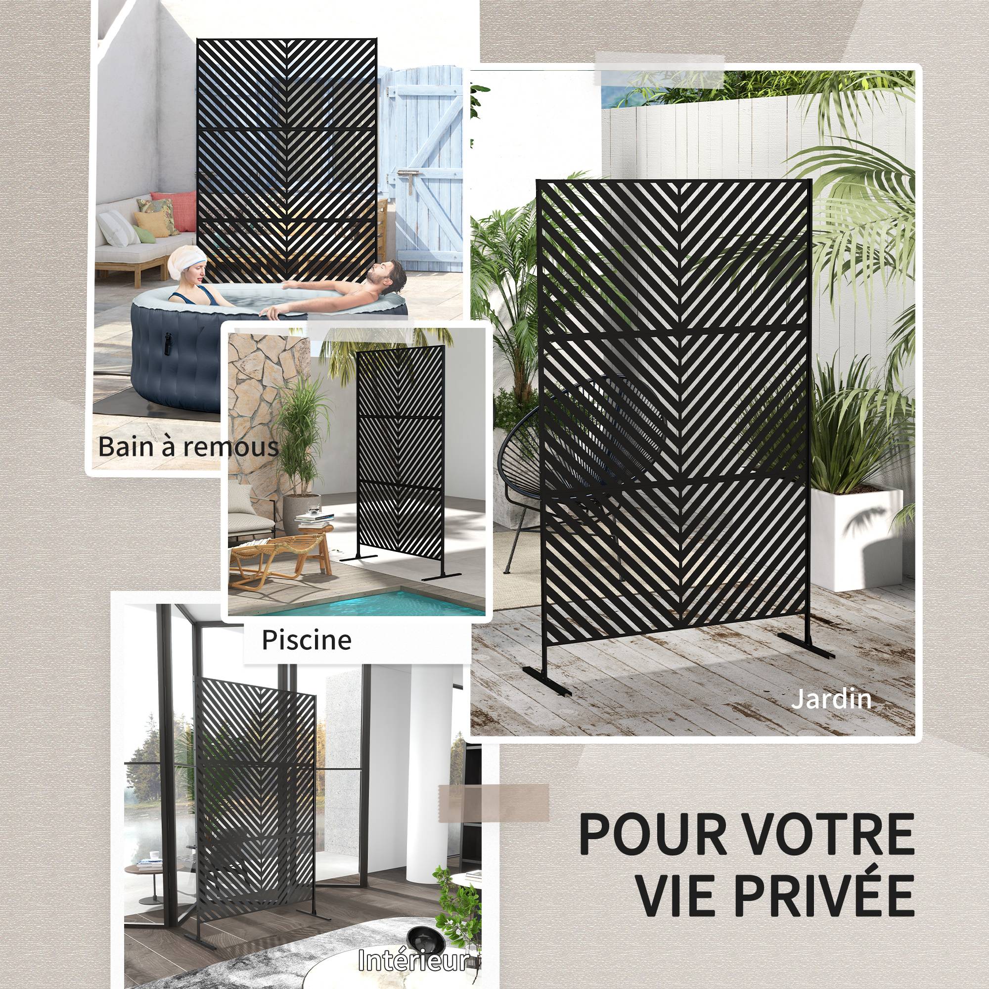 Panneau brise vue décoratif paravent extérieur à motif géométrique ajouré en métal - 122 x 45 x 198 cm, noir - Image 8