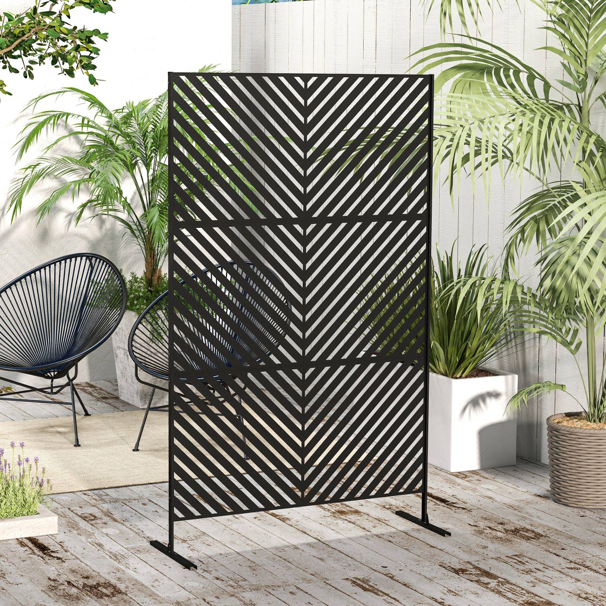 Panneau brise vue décoratif paravent extérieur à motif géométrique ajouré en métal - 122 x 45 x 198 cm, noir - Image 4