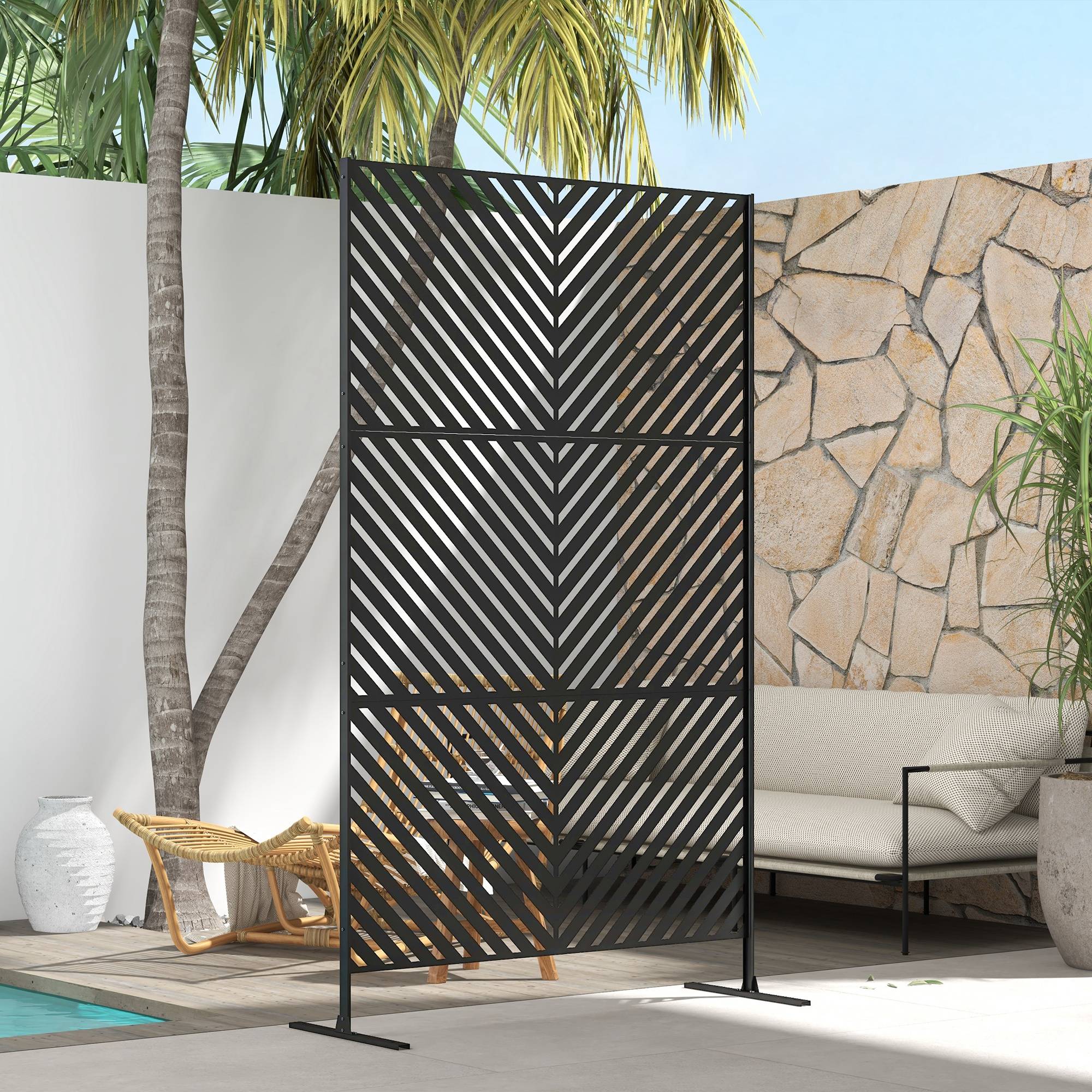 Panneau brise vue décoratif paravent extérieur à motif géométrique ajouré en métal - 122 x 45 x 198 cm, noir - Image 9