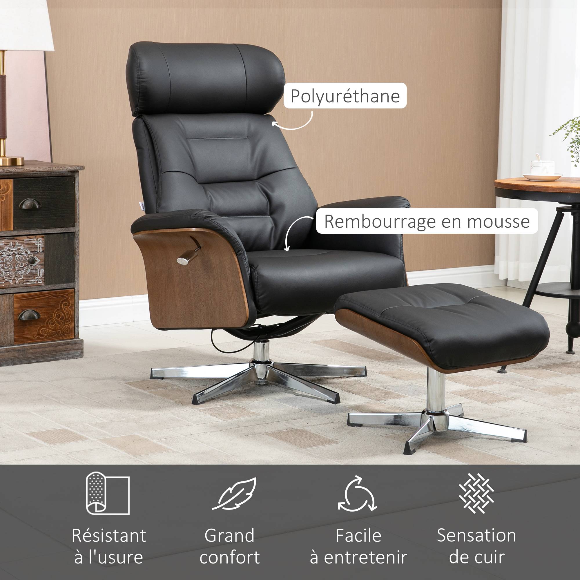 Sans Marque - Fauteuil relax avec repose-pied, fauteuil de relaxation avec dossier inclinable, têtière réglable, 80x84x108cm, noir - Image 8