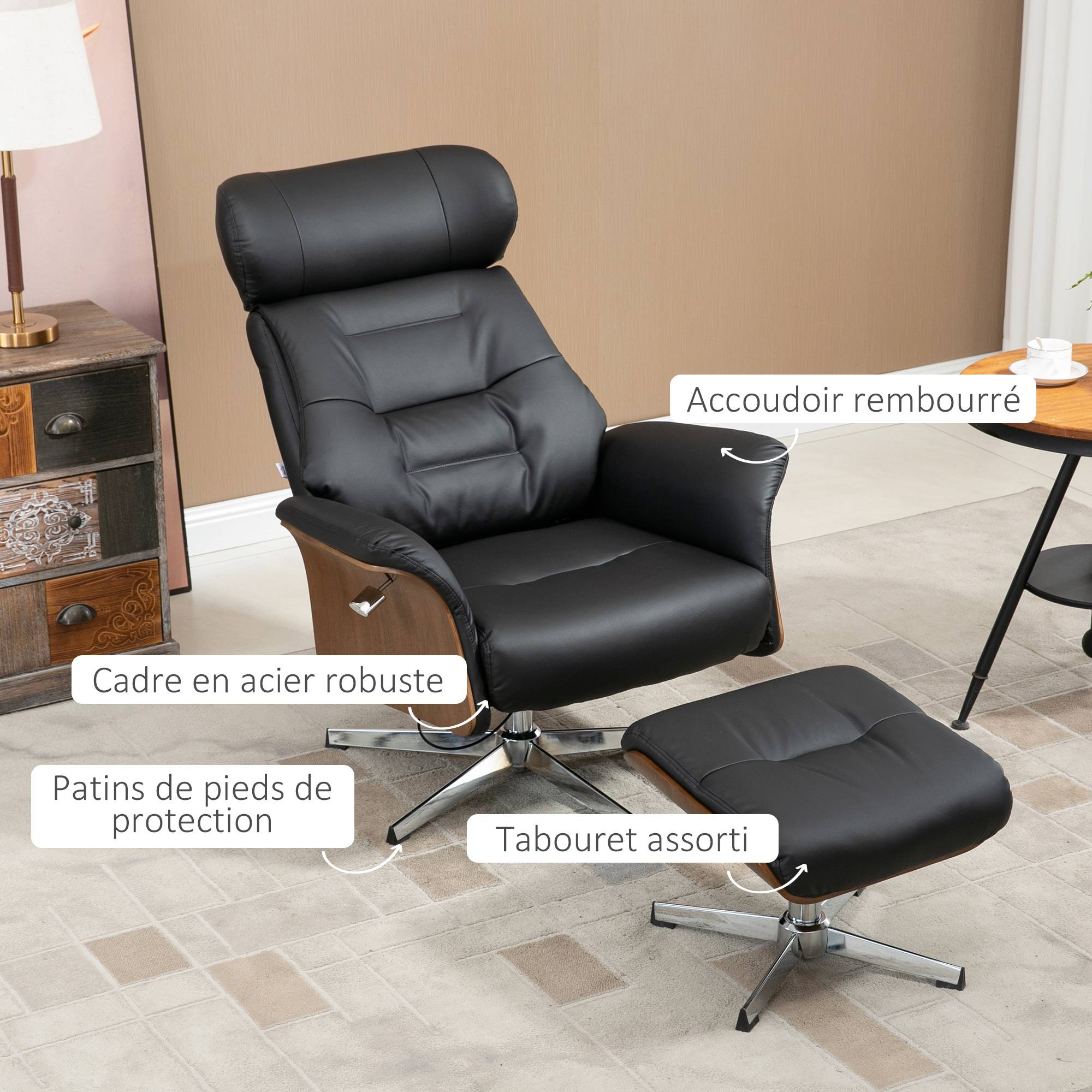 Sans Marque - Fauteuil relax avec repose-pied, fauteuil de relaxation avec dossier inclinable, têtière réglable, 80x84x108cm, noir - Image 10