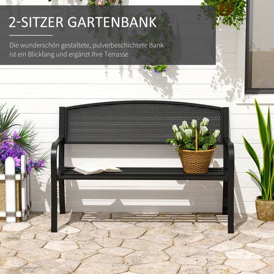 ComfortXL - Banc de jardin acier noir 127 x 60 x 87 cm terrasse extérieur 2 places robuste avec dossier ajouré design - Image 4