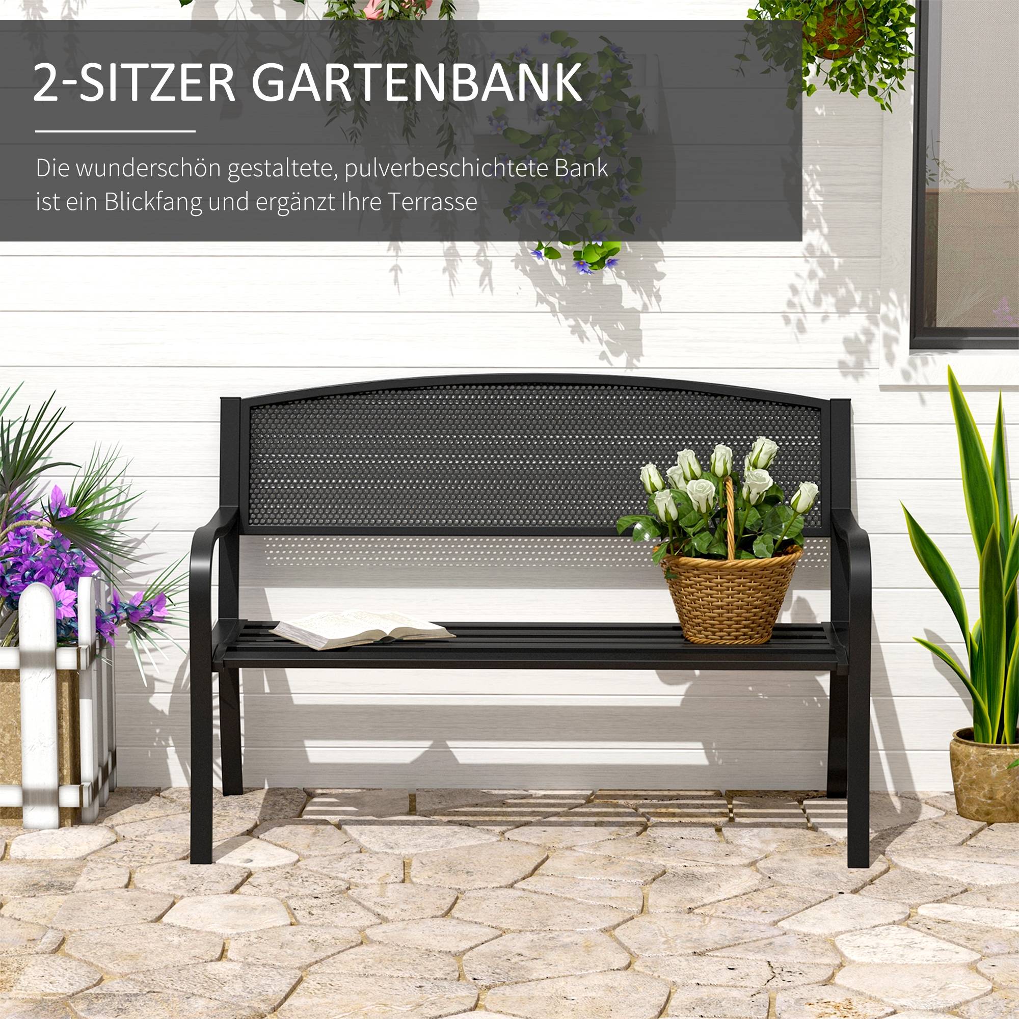 ComfortXL - Banc de jardin acier noir 127 x 60 x 87 cm terrasse extérieur 2 places robuste avec dossier ajouré design - Image 4