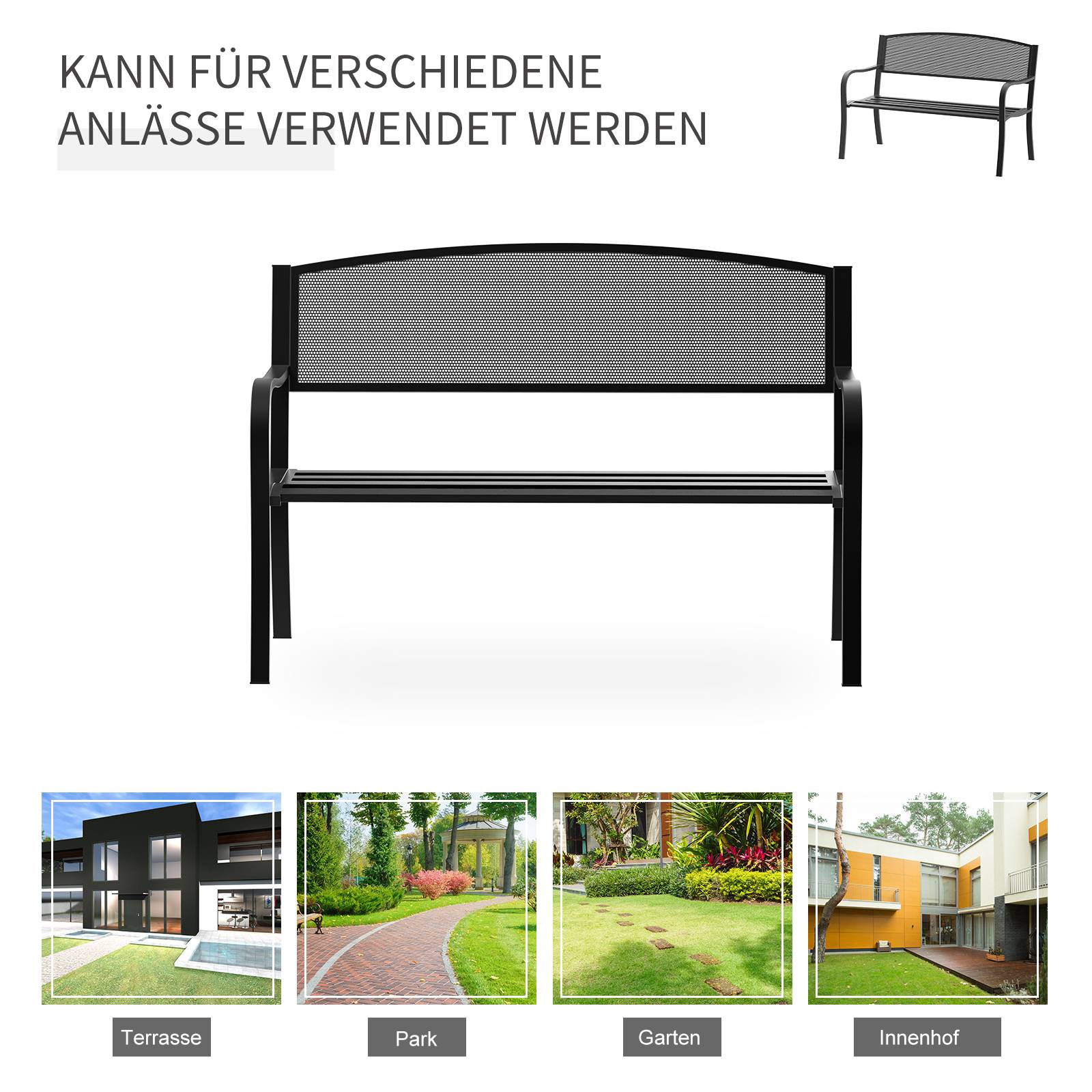 ComfortXL - Banc de jardin acier noir 127 x 60 x 87 cm terrasse extérieur 2 places robuste avec dossier ajouré design - Image 7
