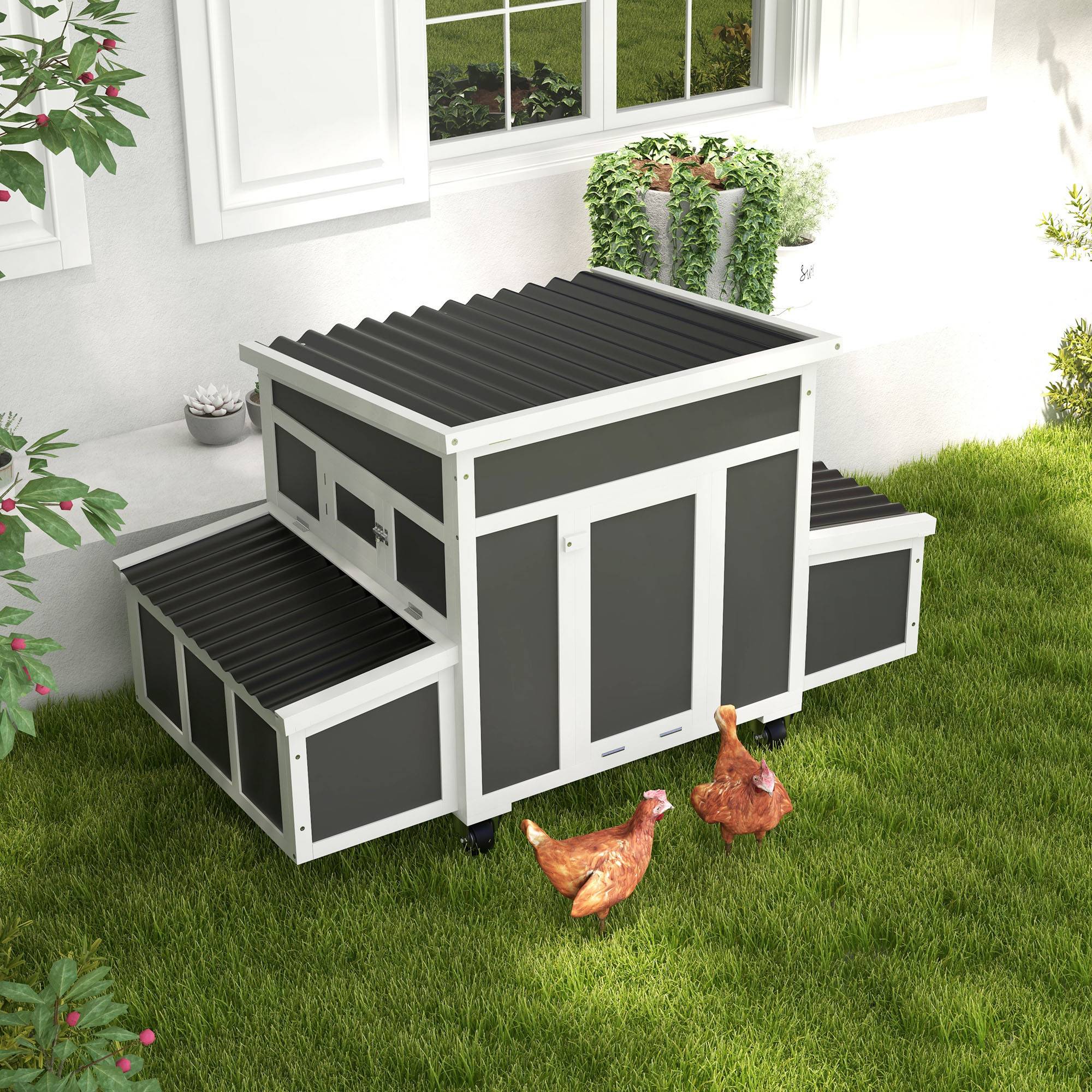 Poulailler bois pour 2-4 poules, 2 nichoirs de couvée, toit ouvrant et bac extractible, gris foncé - Image 3