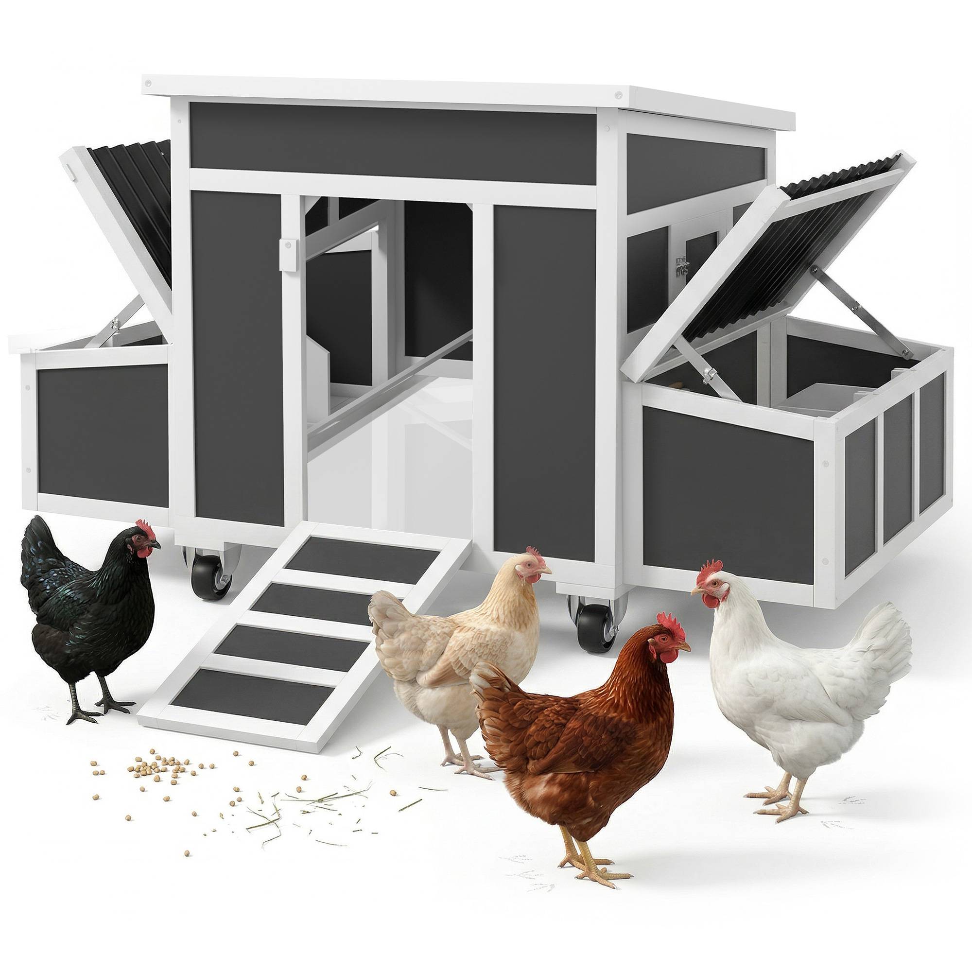 Poulailler bois pour 2-4 poules, 2 nichoirs de couvée, toit ouvrant et bac extractible, gris foncé - Image 2