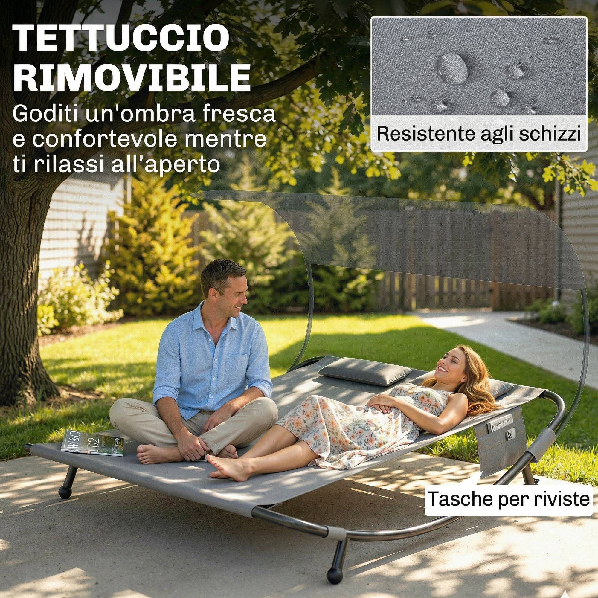 Bain de soleil double avec auvent amovible, roulettes, coussins et poches, gris - Image 8