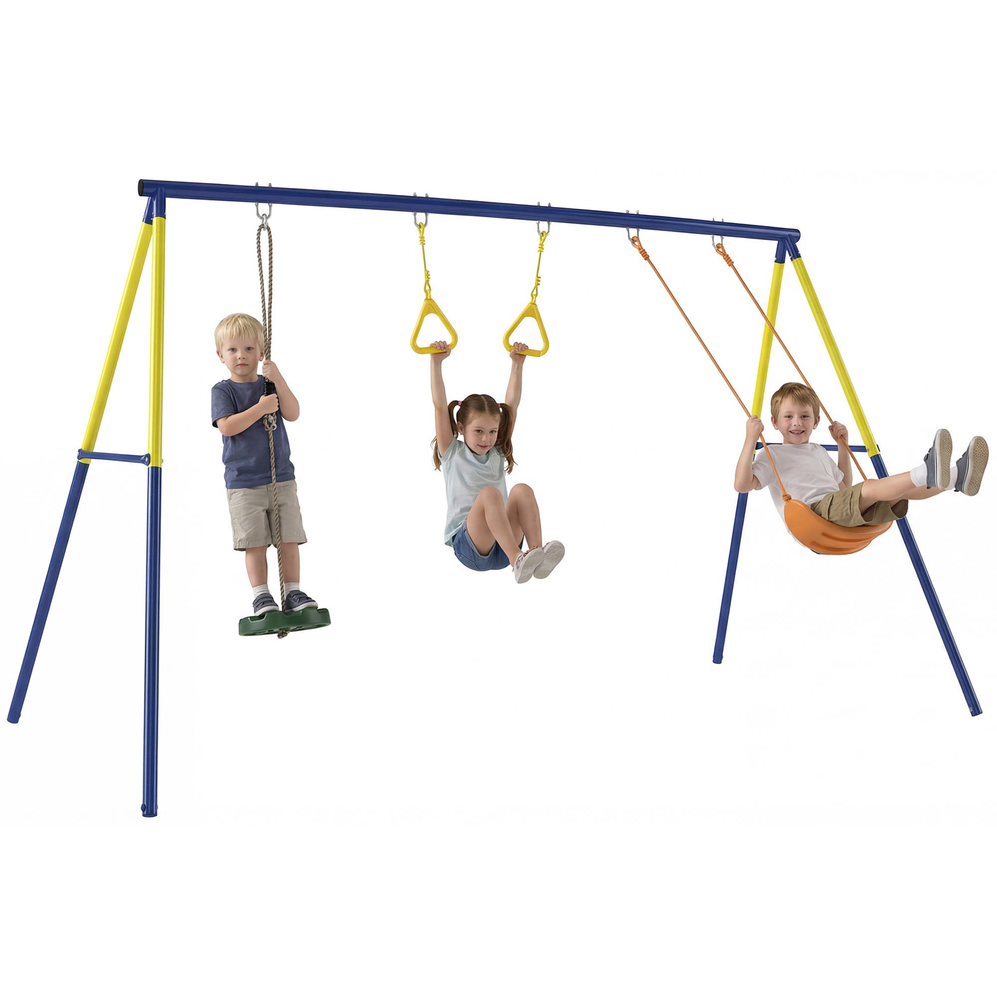 Portique Balancoire Exterieur Enfants 3-en-1, Siège de Balancelle, 2 Anneaux Gymnastique et Balançoire à Disque - Image 1
