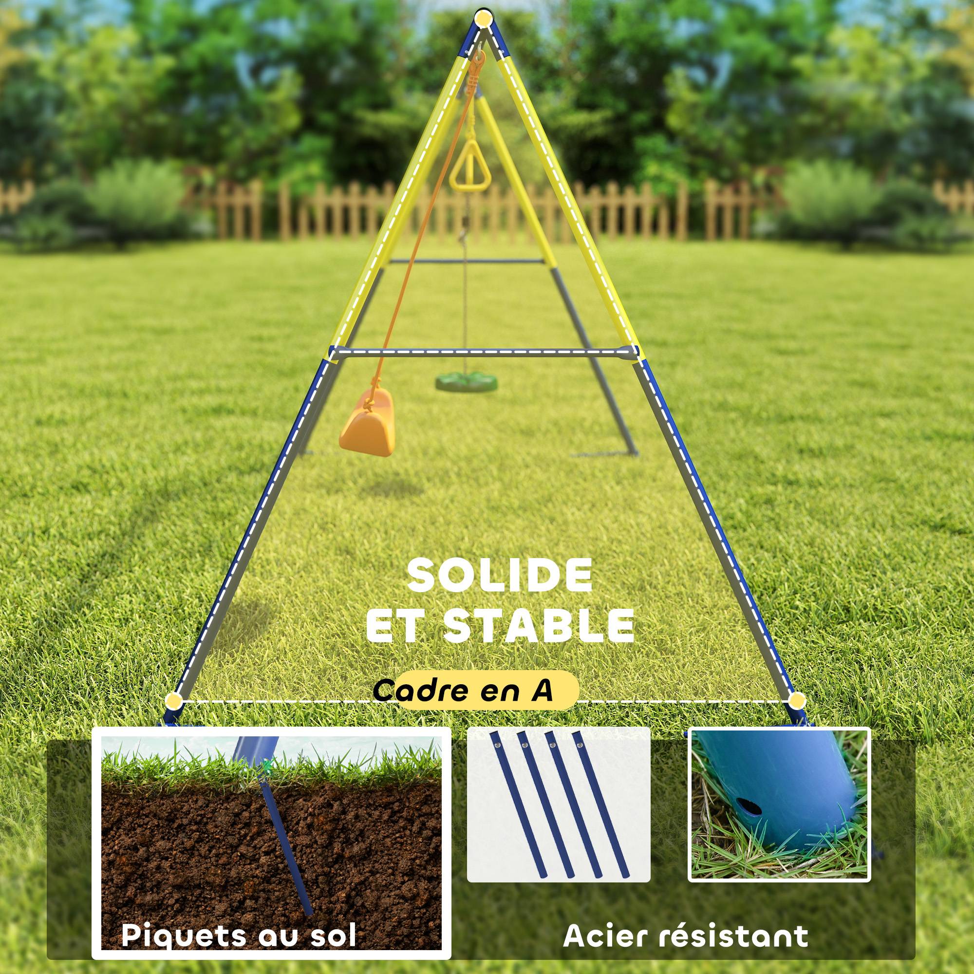 Portique Balancoire Exterieur Enfants 3-en-1, Siège de Balancelle, 2 Anneaux Gymnastique et Balançoire à Disque - Image 7