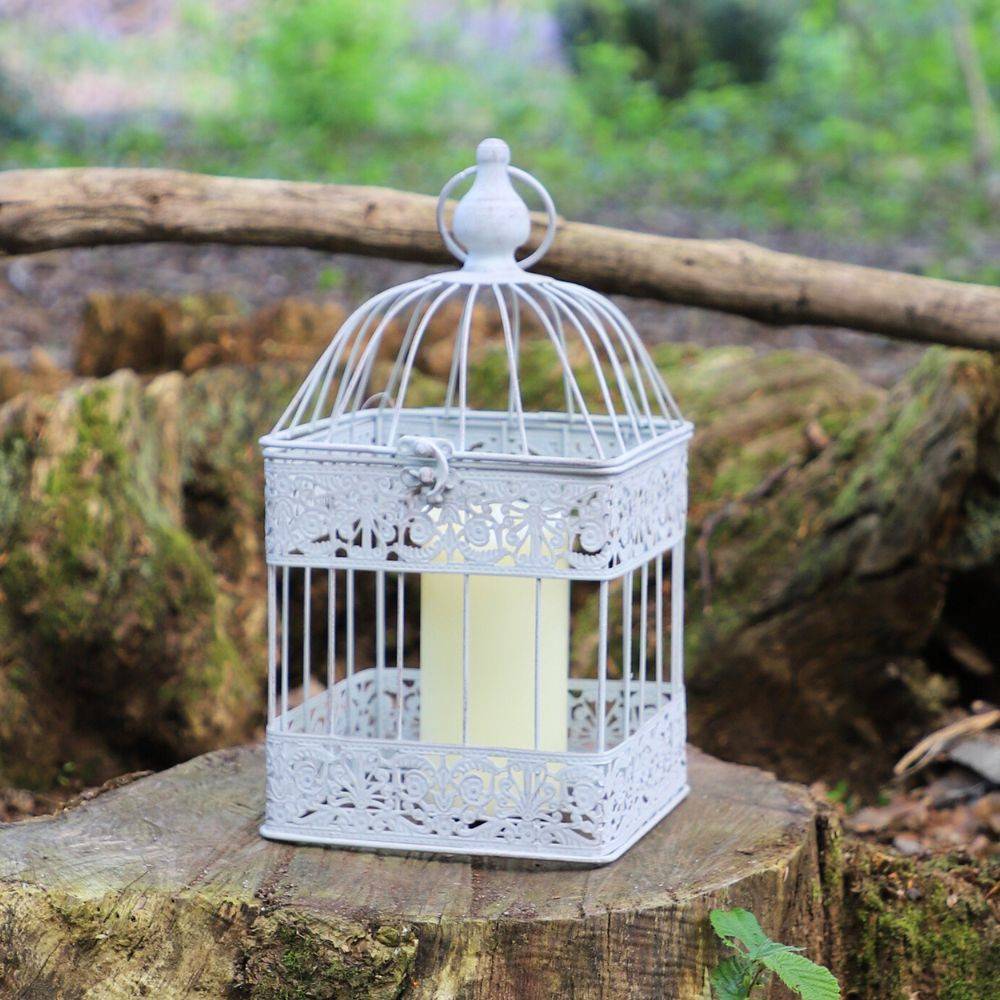 Cage à oiseaux décorative ancienne métal blanc 18x18x40cm Chemin de campagne - Image 3