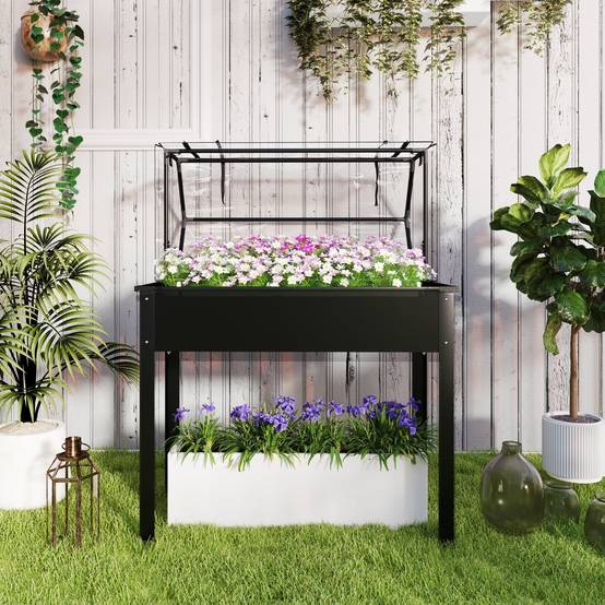 Potager sur pied avec serre métal noir 100 x 48 x 124 cm - PANGIVO - Image 10
