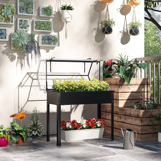 Potager sur pied avec serre métal noir 100 x 48 x 124 cm - PANGIVO - Image 4