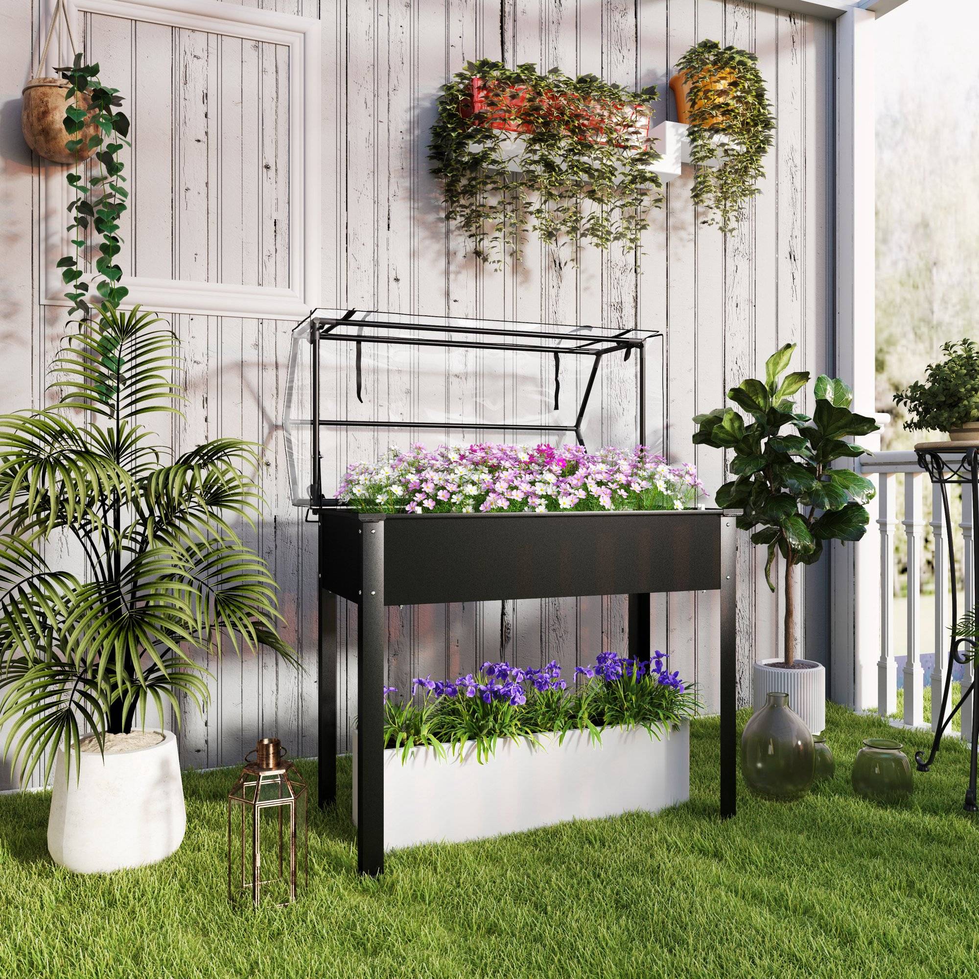 Potager sur pied avec serre métal noir 100 x 48 x 124 cm - PANGIVO - Image 3