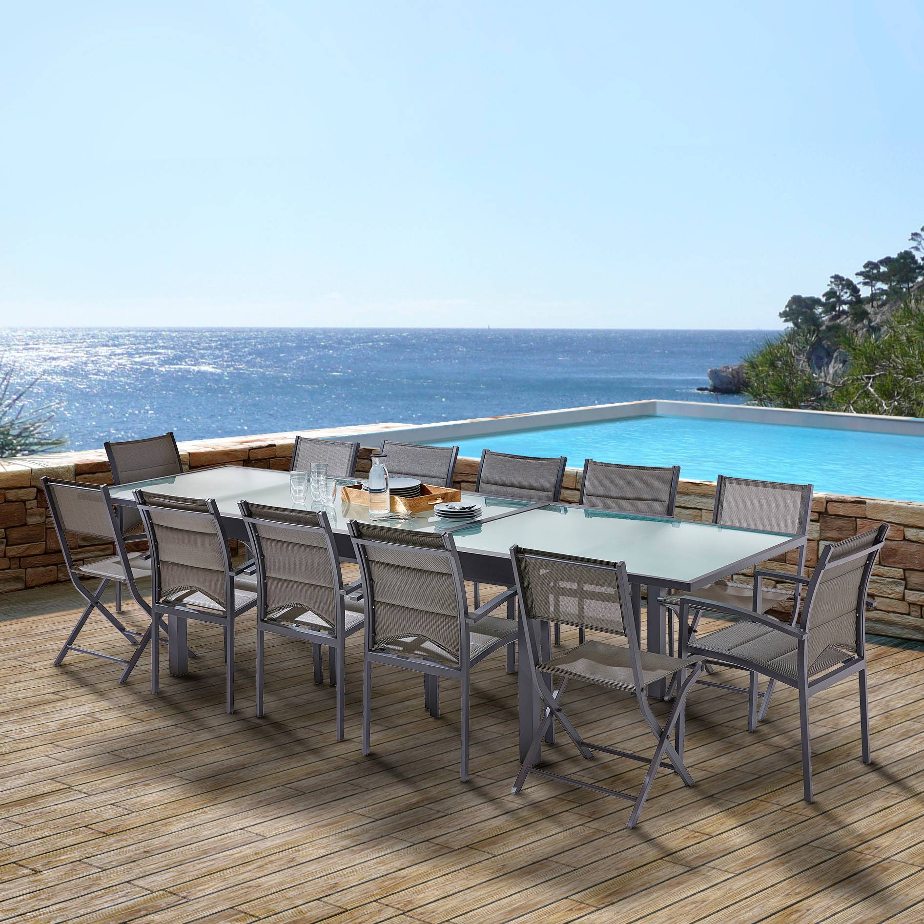 Wilsa Garden - Ensemble MODULO 8/12p en aluminium gris et verre transparent et 8 fauteuils et 4 chaises pliantes - Image 2