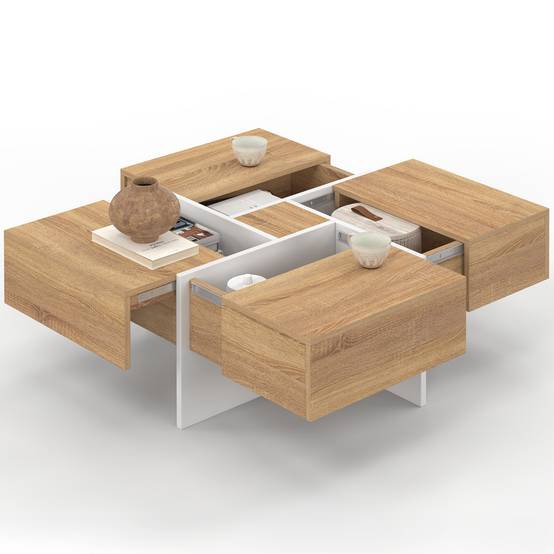 IDMARKET - Table basse carrée TALIA 70 cm avec tiroirs bois et blanc - Image 2