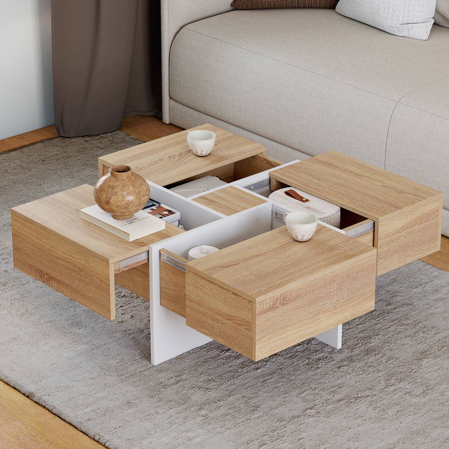 IDMARKET - Table basse carrée TALIA 70 cm avec tiroirs bois et blanc - Image 1