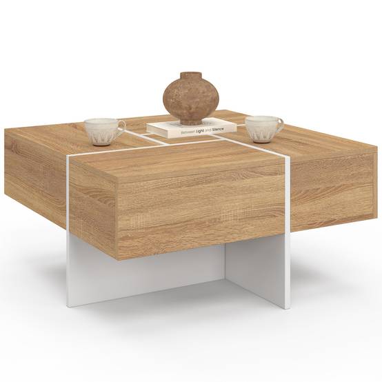 IDMARKET - Table basse carrée TALIA 70 cm avec tiroirs bois et blanc - Image 4