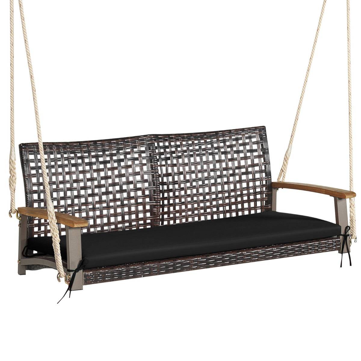 Helloshop26 - Banc suspendu de jardin en rotin 2 place accoudoirs en bois d'acacia cadre en métal coussin cordes crochets noir - Image 1