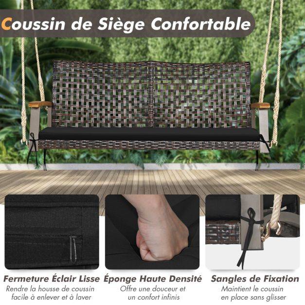 Helloshop26 - Banc suspendu de jardin en rotin 2 place accoudoirs en bois d'acacia cadre en métal coussin cordes crochets noir - Image 2