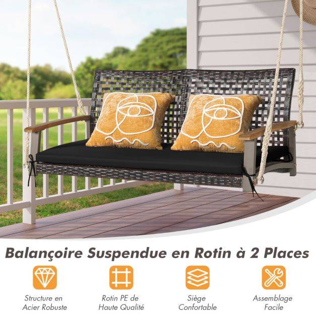 Helloshop26 - Banc suspendu de jardin en rotin 2 place accoudoirs en bois d'acacia cadre en métal coussin cordes crochets noir - Image 3