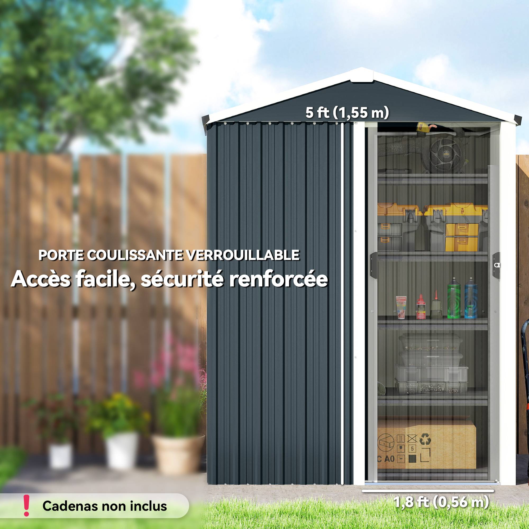 Abri de jardin en métal 1,2 m², cabane jardin extérieure, porte coulissante verrouillable et gants, 136x87x179cm, gris - Image 7