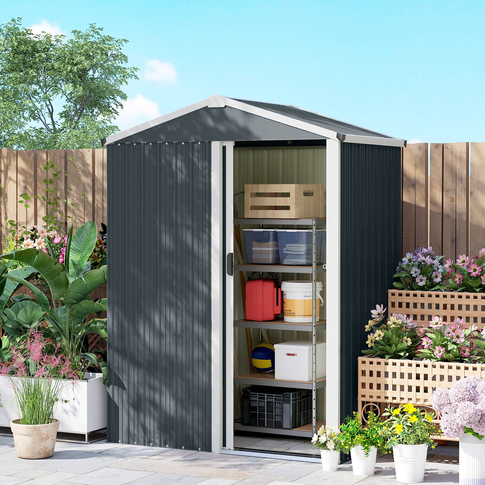Abri de jardin en métal 1,2 m², cabane jardin extérieure, porte coulissante verrouillable et gants, 136x87x179cm, gris - Image 10