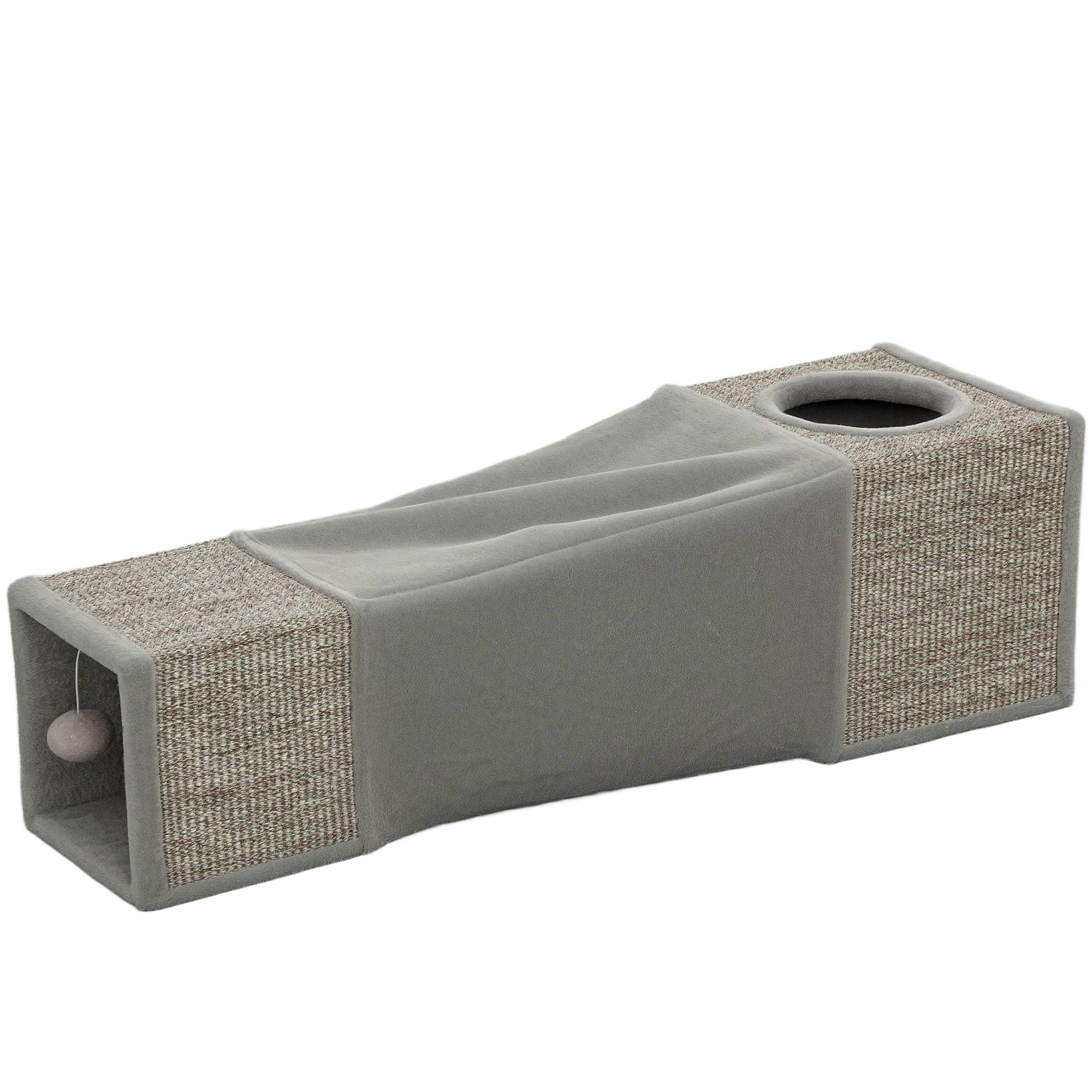 Sans Marque - Tunnel chat 2 cachettes, surfaces griffade et jouet balle, 98x30x30cm, Brun+Gris - Image 2