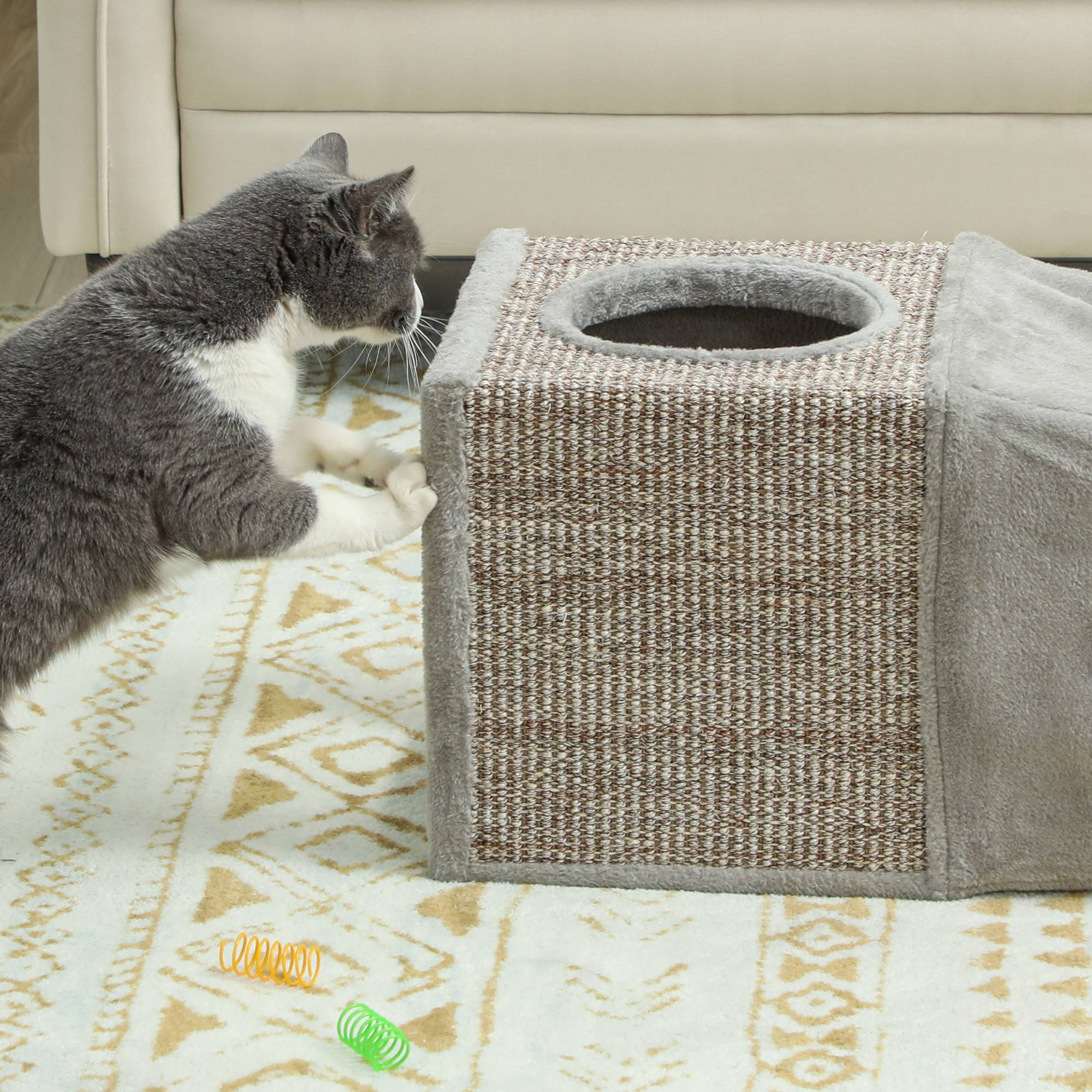 Sans Marque - Tunnel chat 2 cachettes, surfaces griffade et jouet balle, 98x30x30cm, Brun+Gris - Image 10