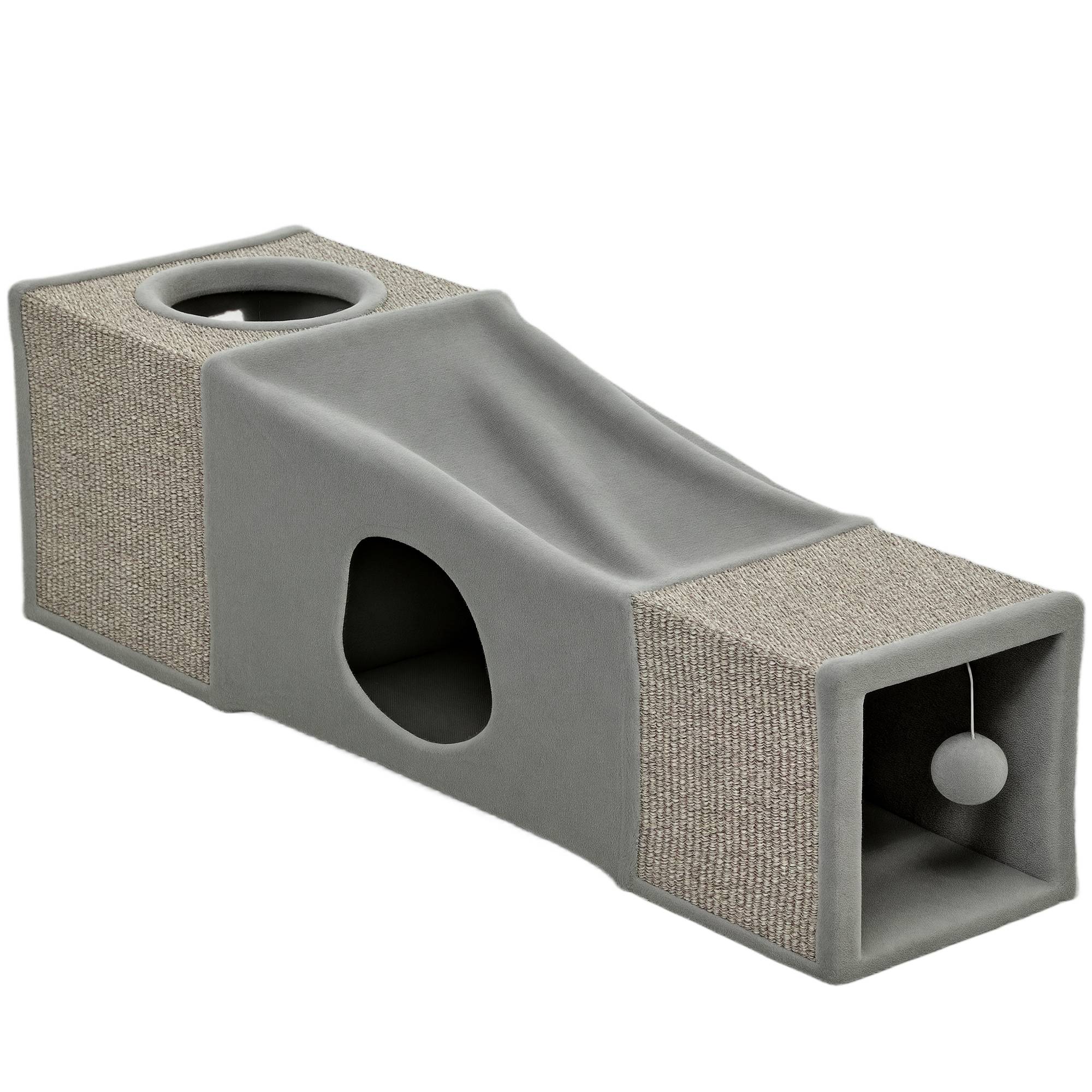 Sans Marque - Tunnel chat 2 cachettes, surfaces griffade et jouet balle, 98x30x30cm, Brun+Gris - Image 1