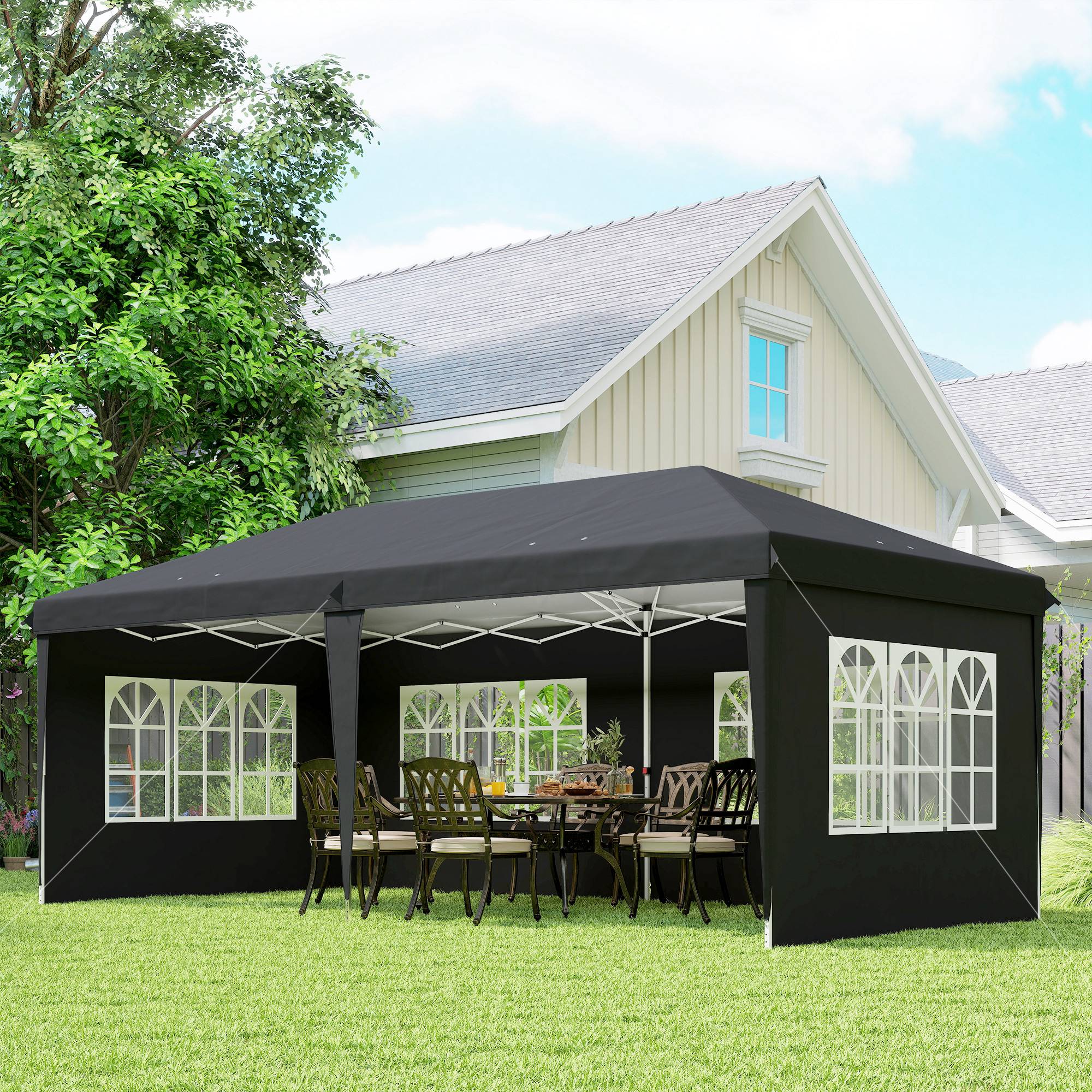 Outsunny - Tonnelle pliante 3x6m tente réception avec 3 côtés démontables, piquets et sac de transport gris - Outsunny - Image 2