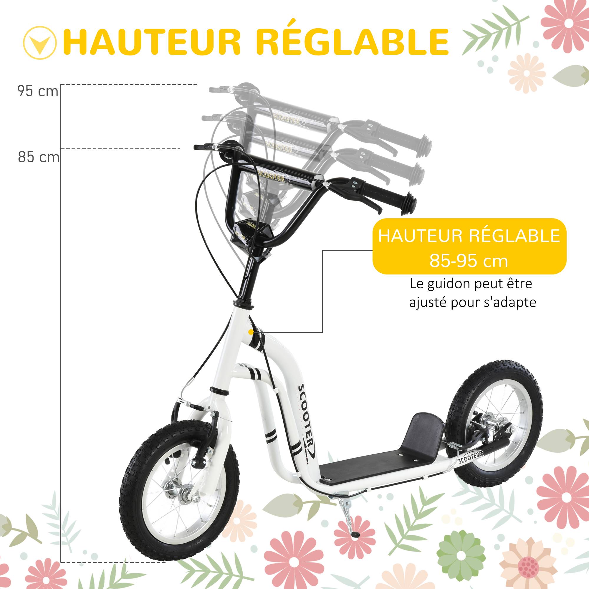 Trottinette Enfants 12 pouces pneus caoutchouc 100 kg tout terrain double freins hauteur réglable béquille 5-12 ans blanc - Image 6