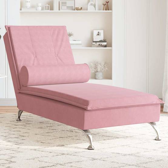 Maison Chic - Chaise longue | Transat | Bain de soleil de massage avec traversin rose velours - Image 2