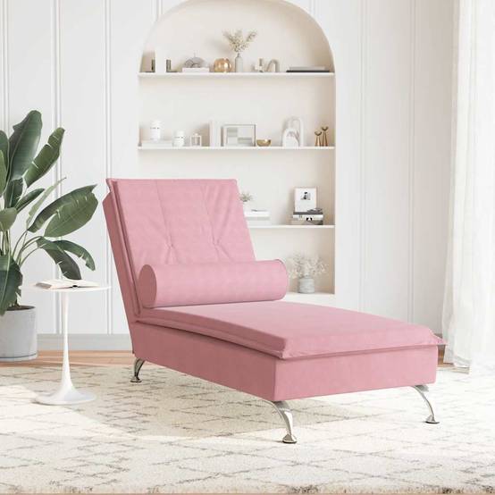 Maison Chic - Chaise longue | Transat | Bain de soleil de massage avec traversin rose velours - Image 3