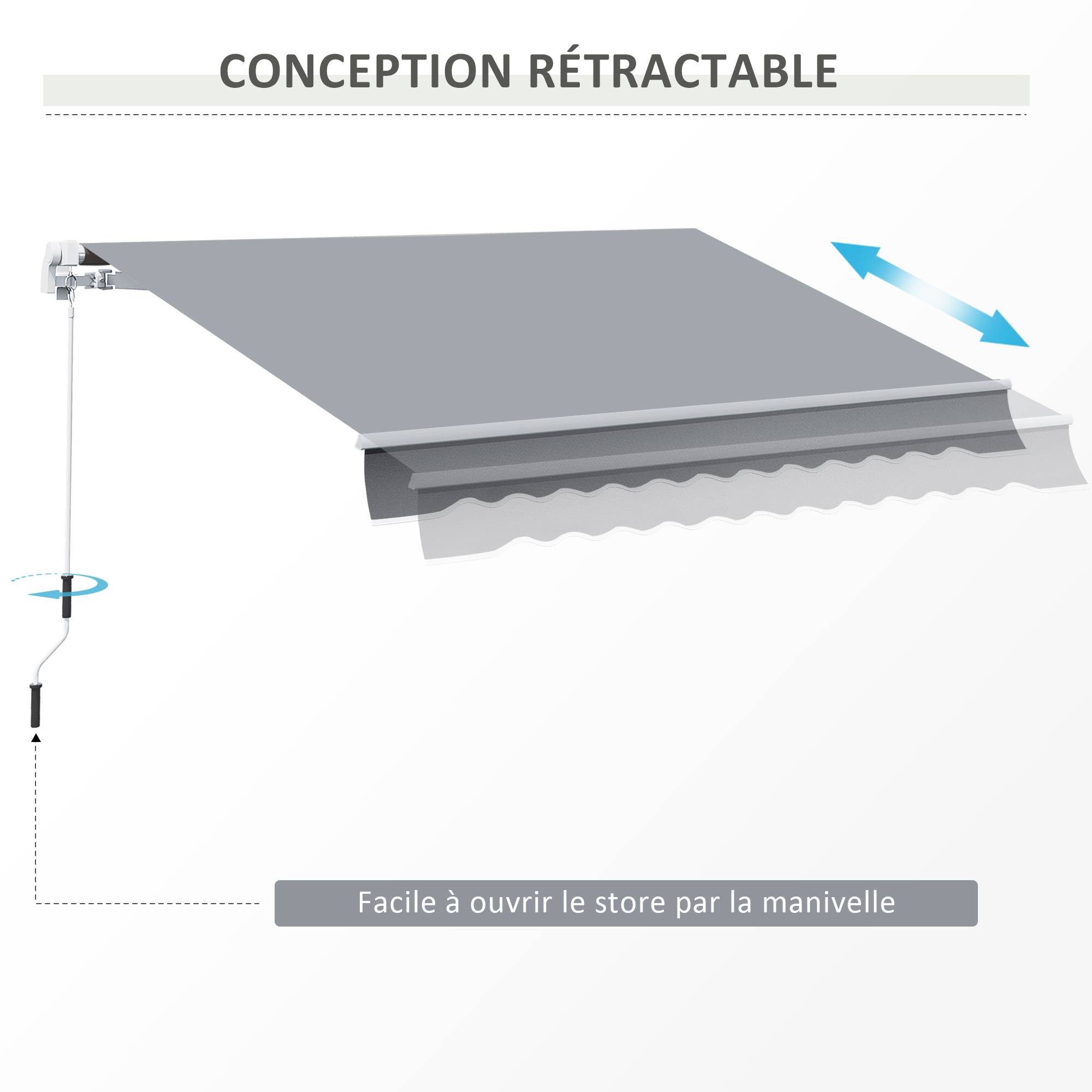 Store banne manuel rétractable 395 x 245 cm store exterieur terrasse avec manivelle, angle réglable 45°-85° - Image 7