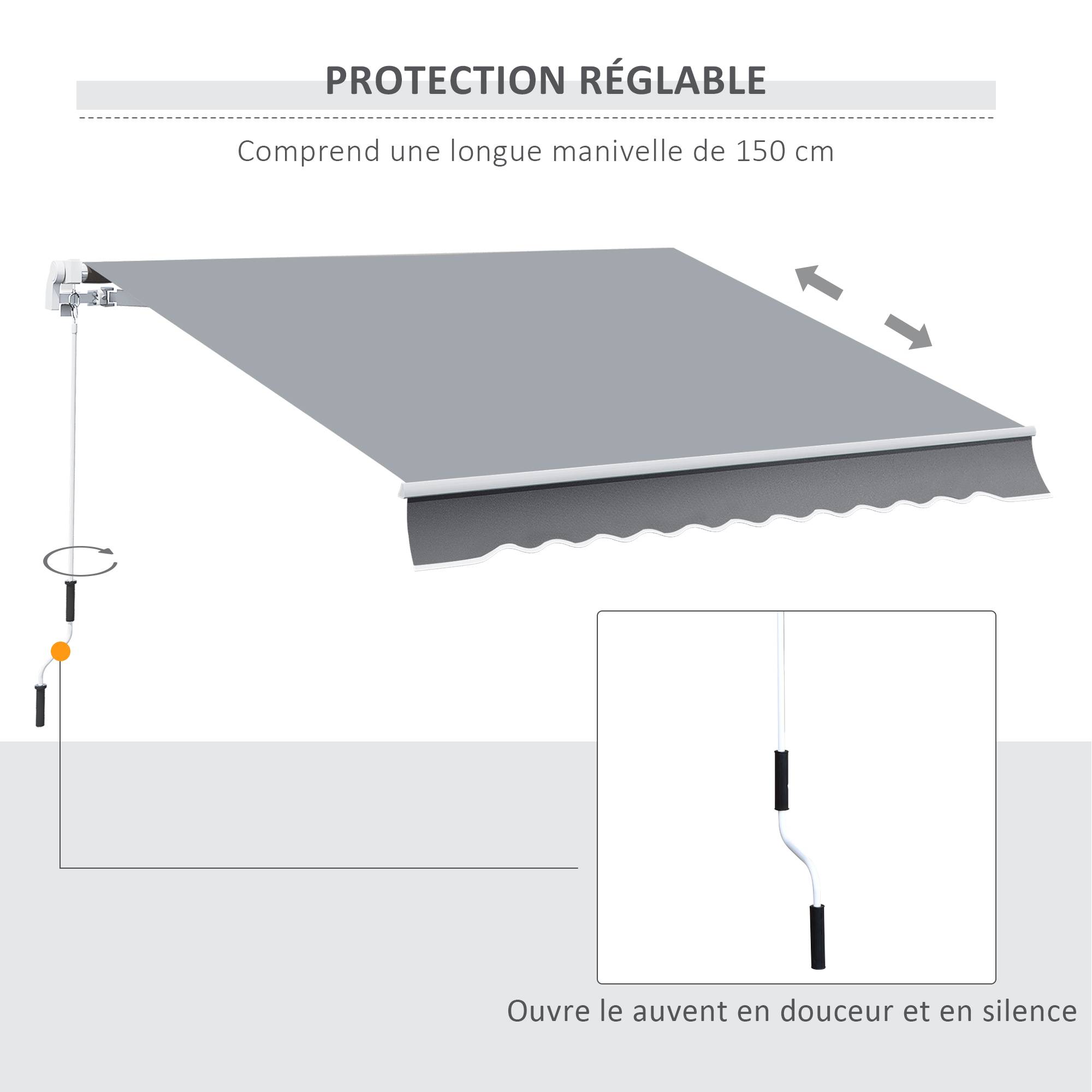 Store banne manuel rétractable 395 x 245 cm store exterieur terrasse avec manivelle, angle réglable 45°-85° - Image 6