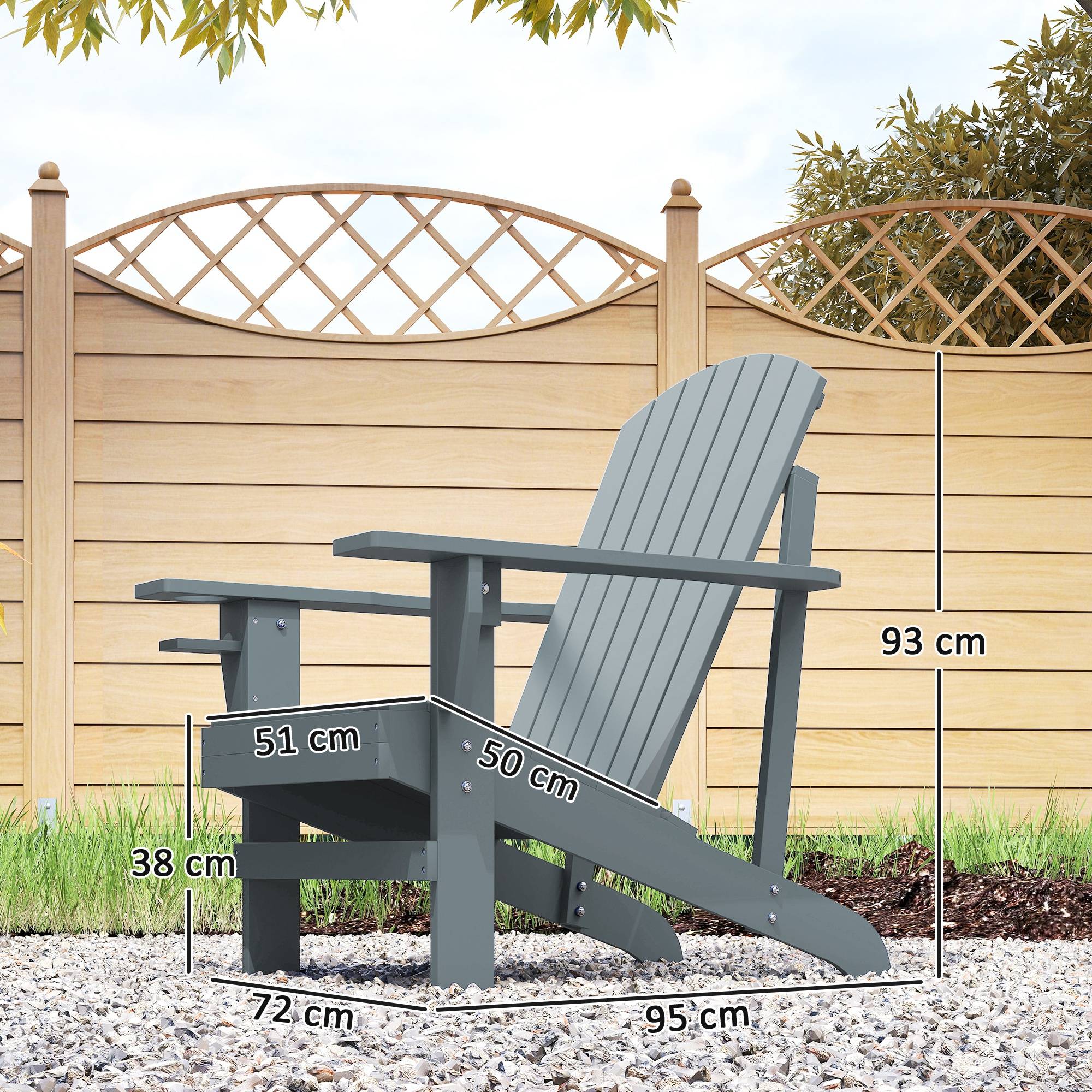 Chaise Adirondack de jardin en bois massif avec porte-gobelet, fauteuil confortable pour balcon terrasse, couleur gris, dimensions 95 x 72 x 93 cm - Image 3