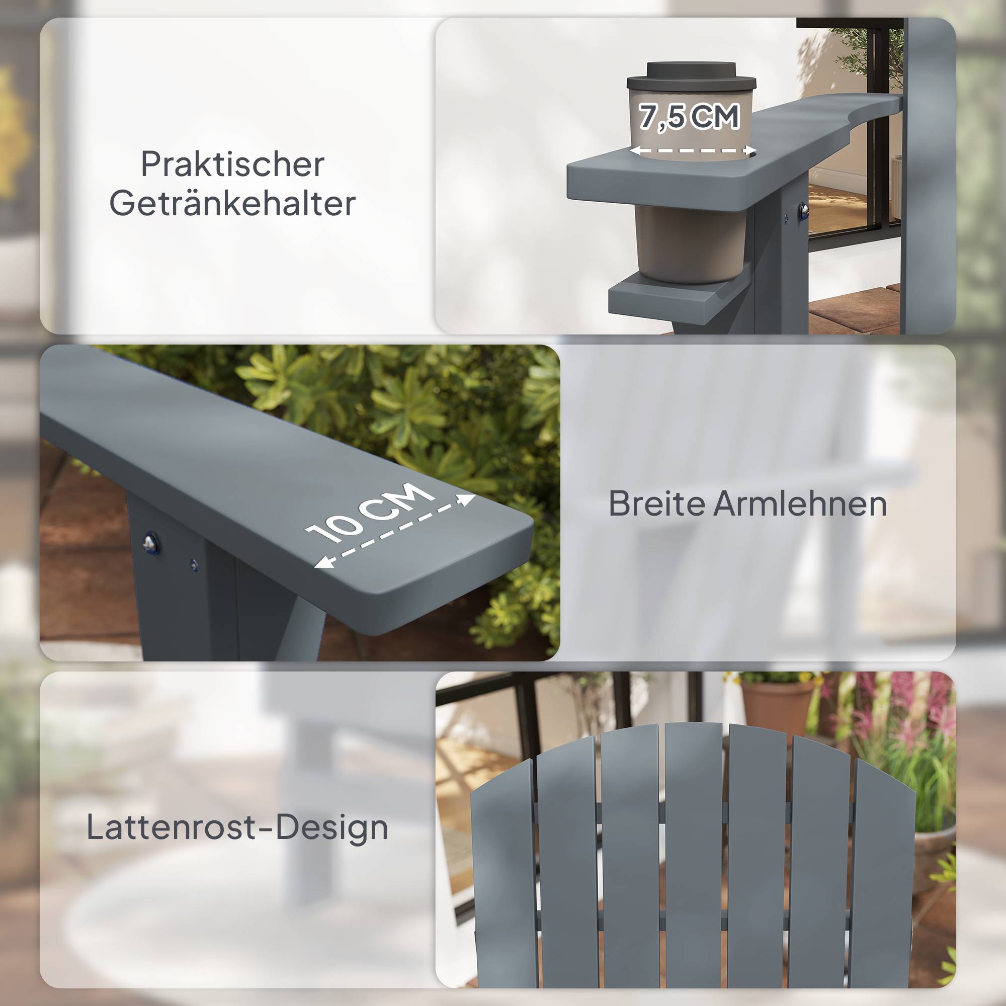 Chaise Adirondack de jardin en bois massif avec porte-gobelet, fauteuil confortable pour balcon terrasse, couleur gris, dimensions 95 x 72 x 93 cm - Image 8