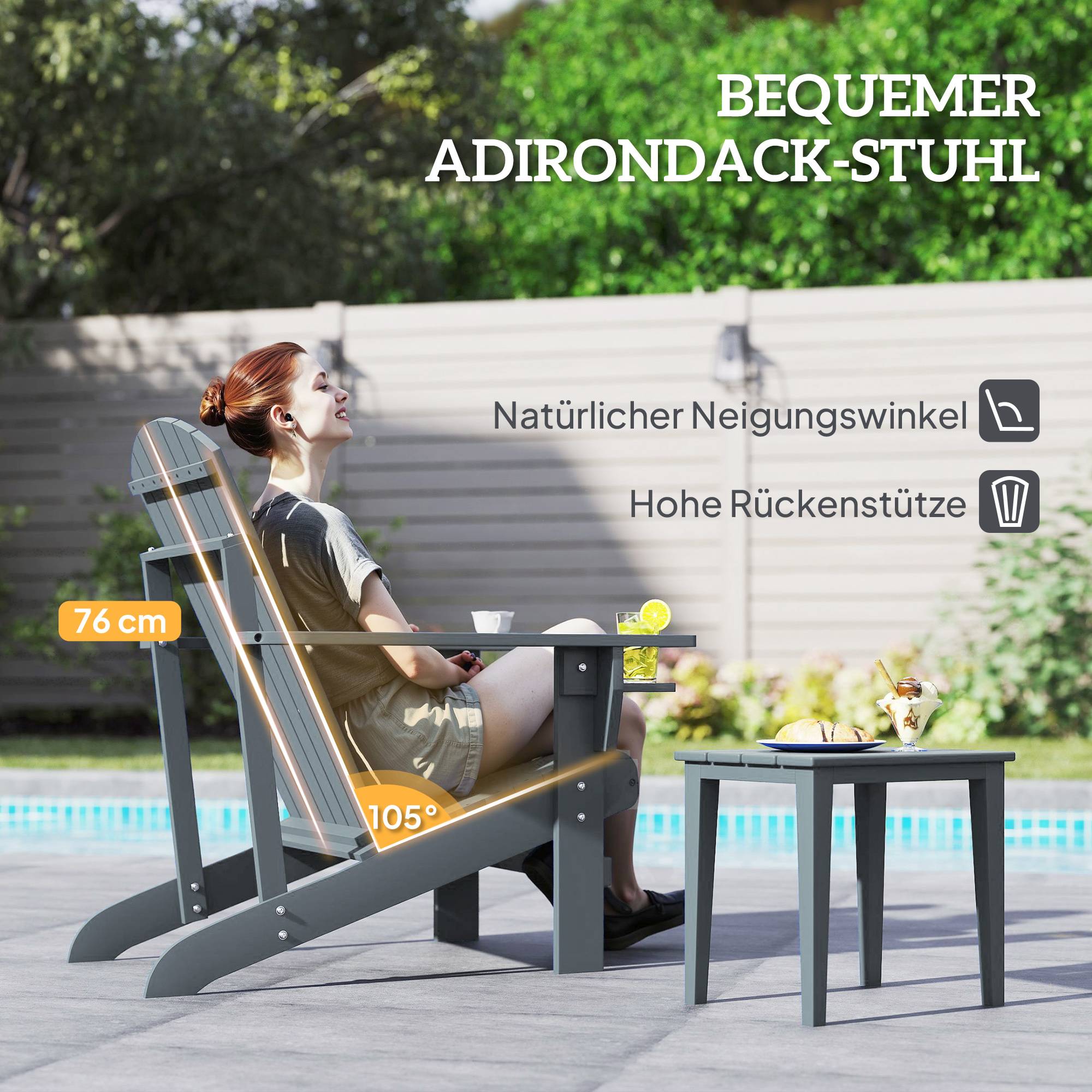 Chaise Adirondack de jardin en bois massif avec porte-gobelet, fauteuil confortable pour balcon terrasse, couleur gris, dimensions 95 x 72 x 93 cm - Image 4