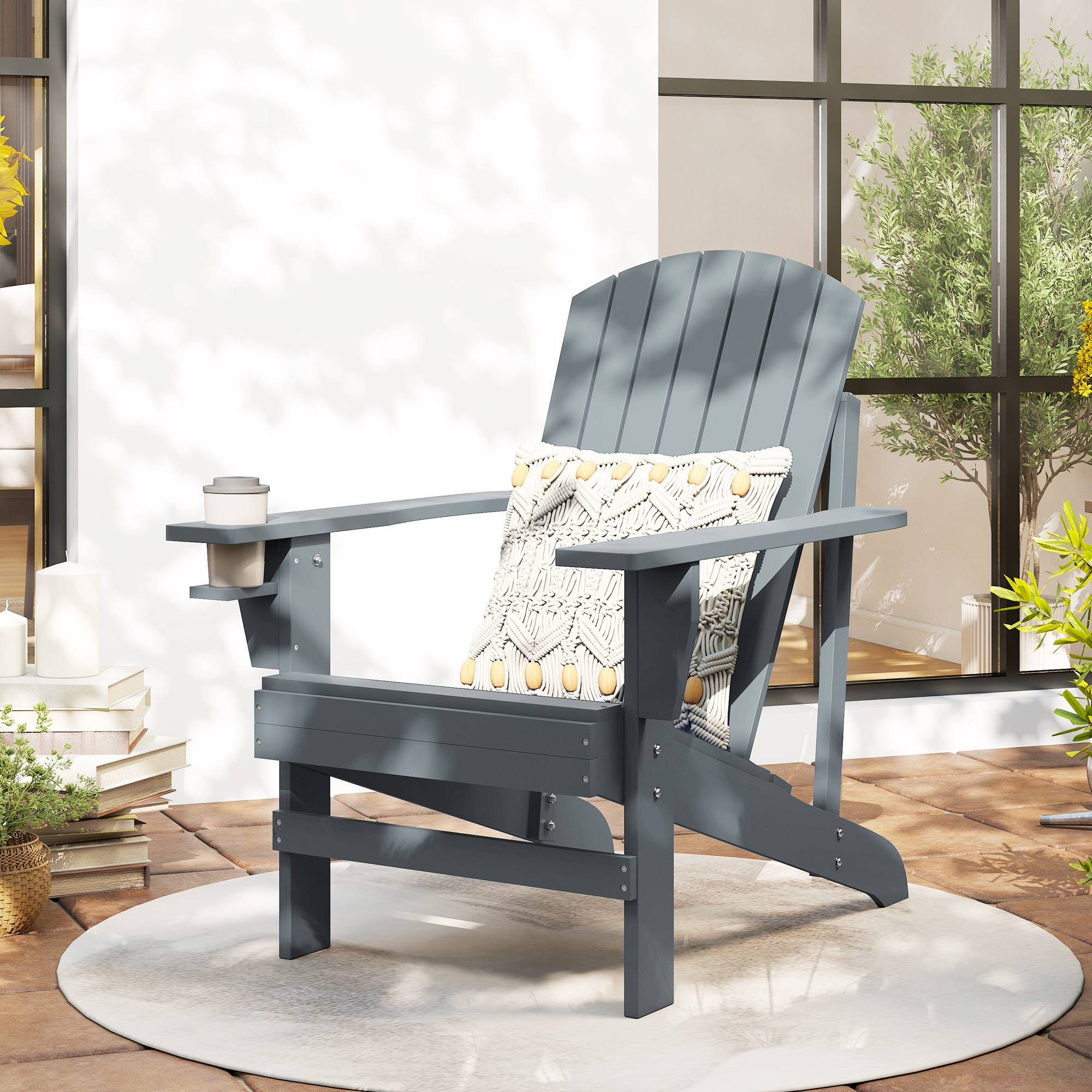 Chaise Adirondack de jardin en bois massif avec porte-gobelet, fauteuil confortable pour balcon terrasse, couleur gris, dimensions 95 x 72 x 93 cm - Image 2