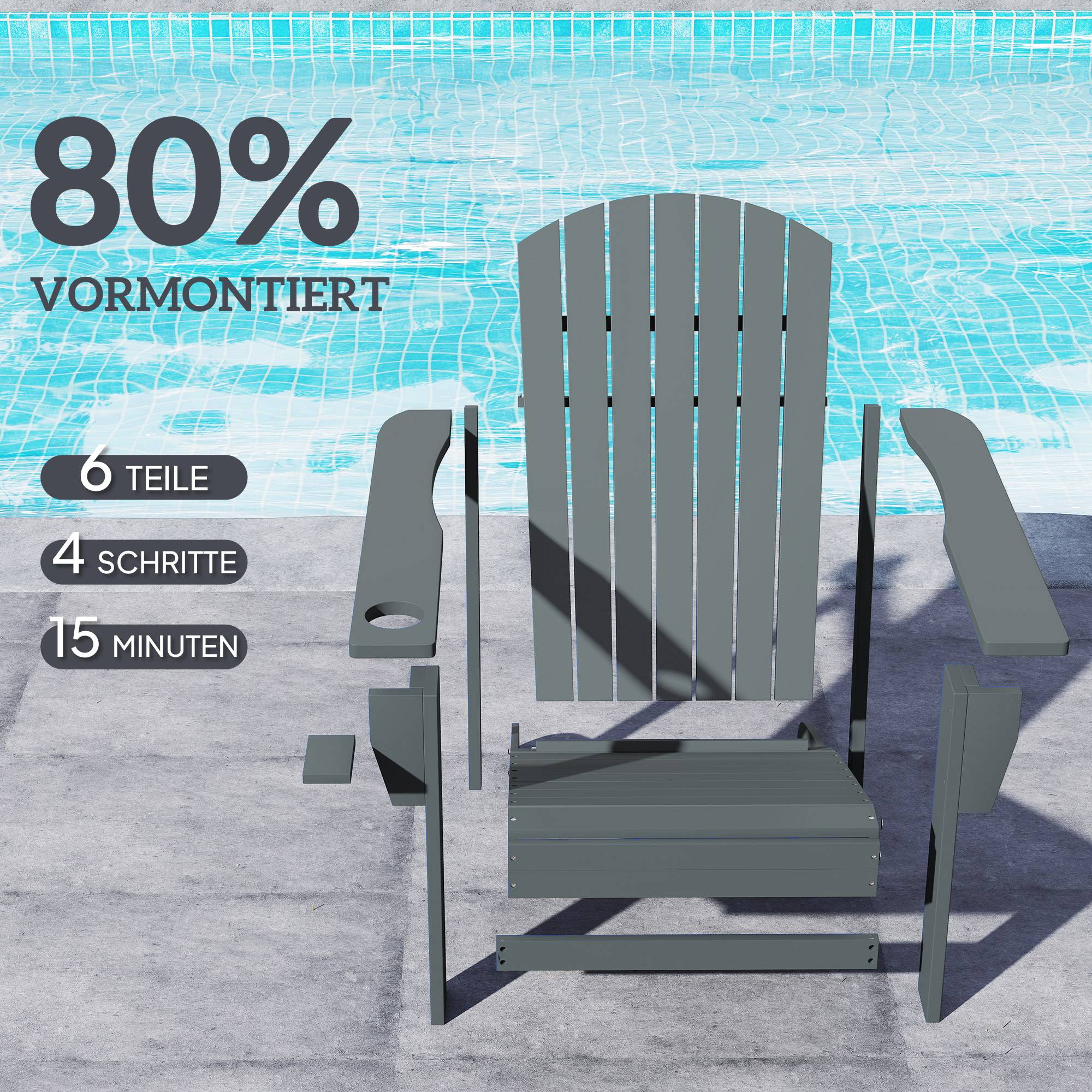 Chaise Adirondack de jardin en bois massif avec porte-gobelet, fauteuil confortable pour balcon terrasse, couleur gris, dimensions 95 x 72 x 93 cm - Image 5