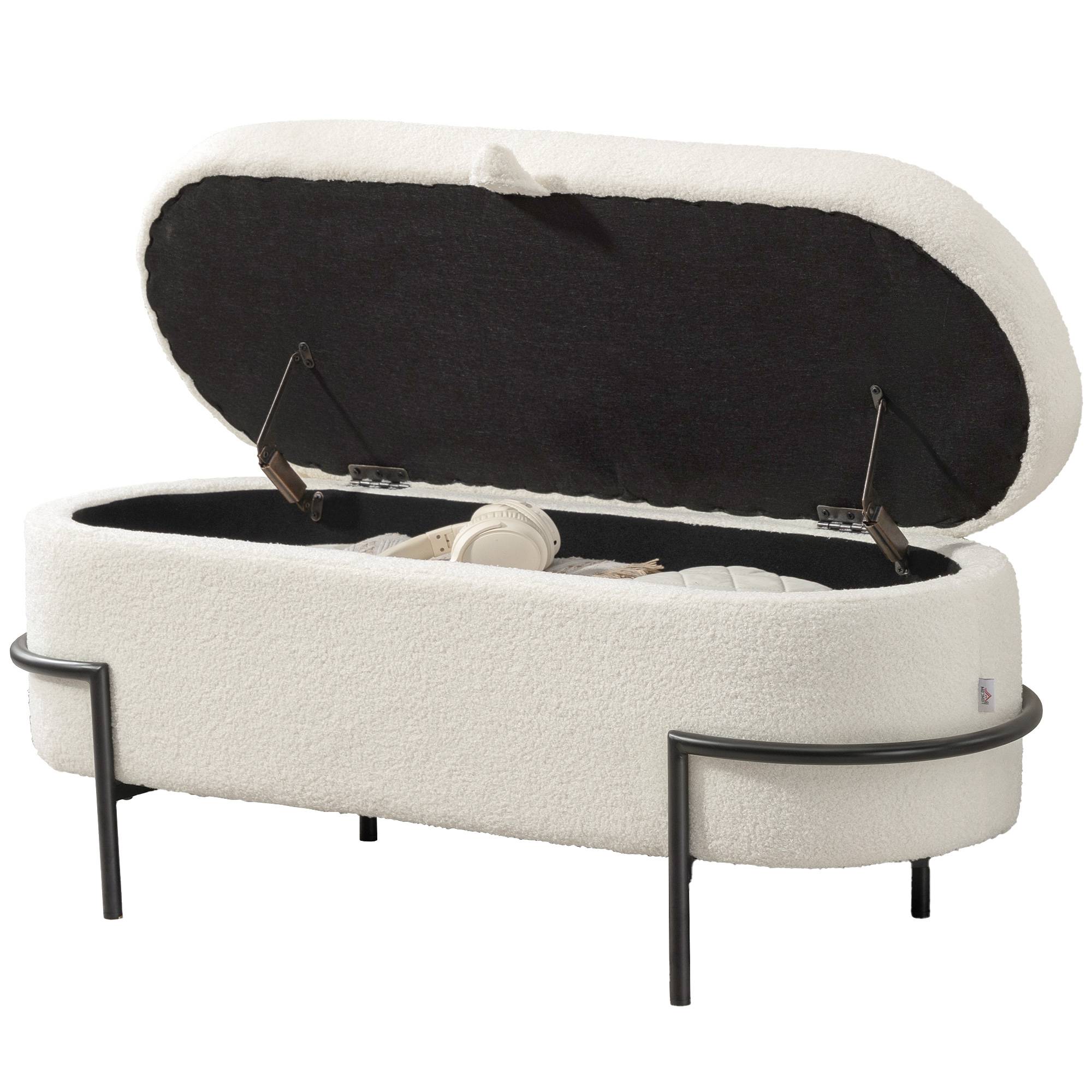 Banc de rangement, banc coffre de rangement en tissu bouclette avec couvercle relevable et pieds en acier, crème - Image 2