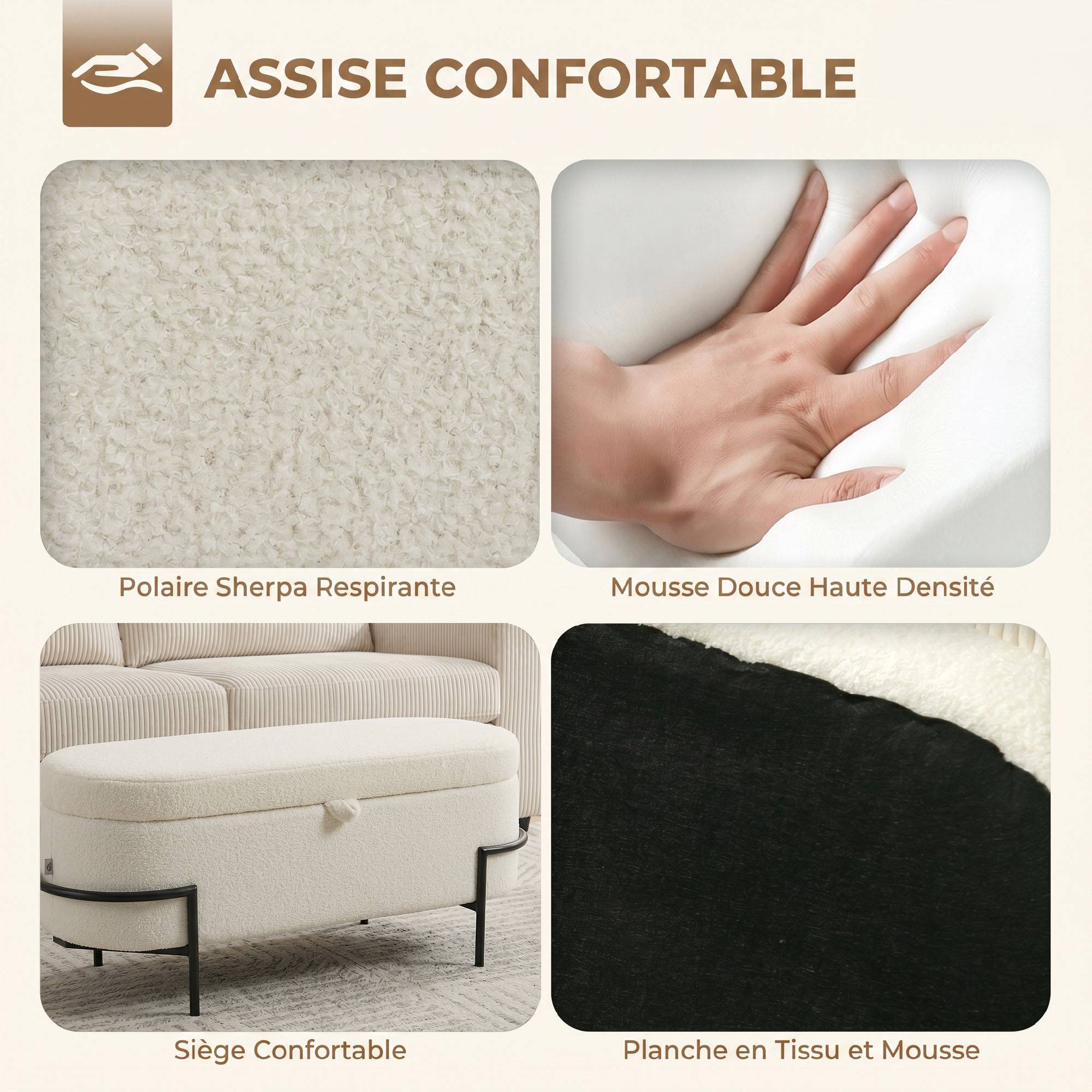 Banc de rangement, banc coffre de rangement en tissu bouclette avec couvercle relevable et pieds en acier, crème - Image 8