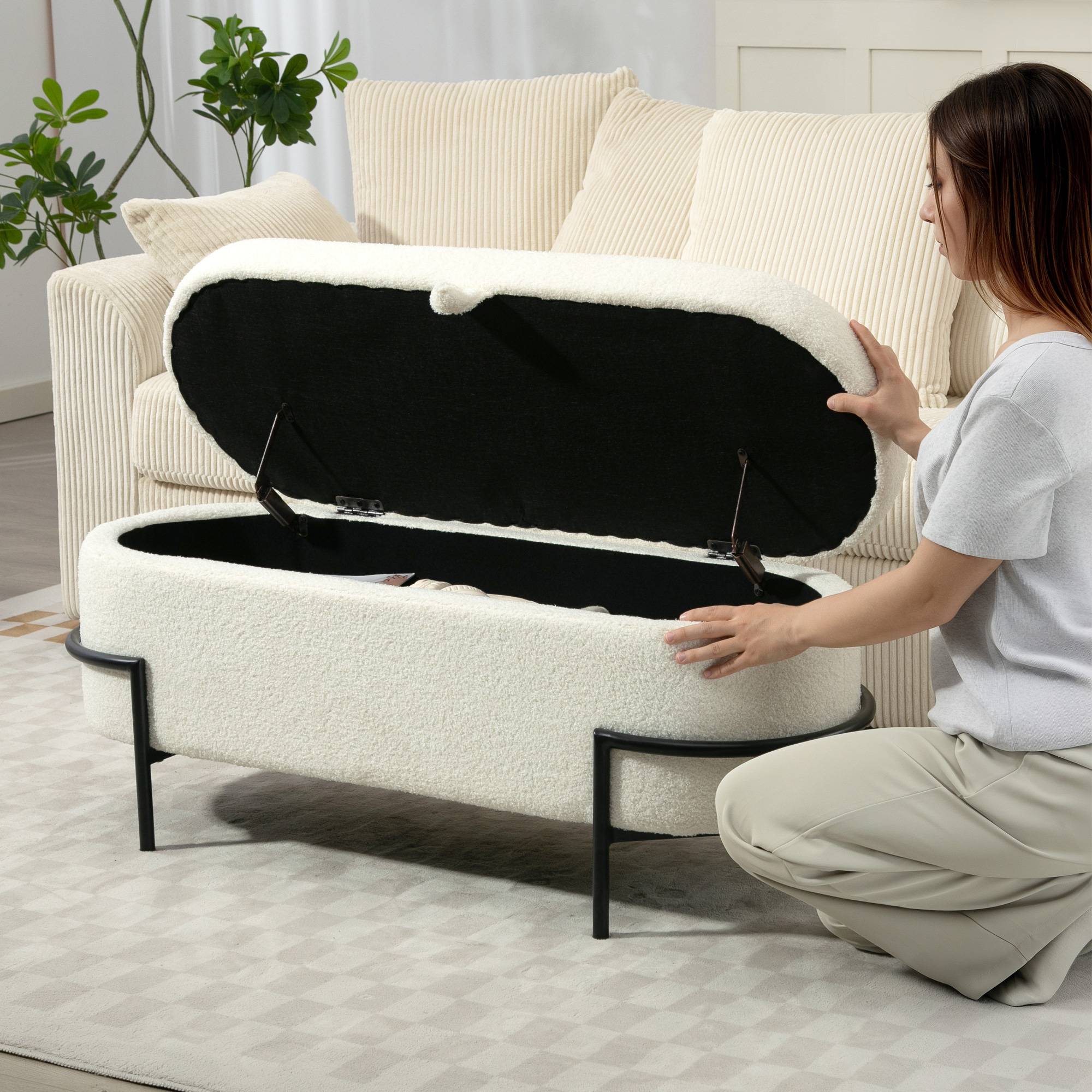Banc de rangement, banc coffre de rangement en tissu bouclette avec couvercle relevable et pieds en acier, crème - Image 10