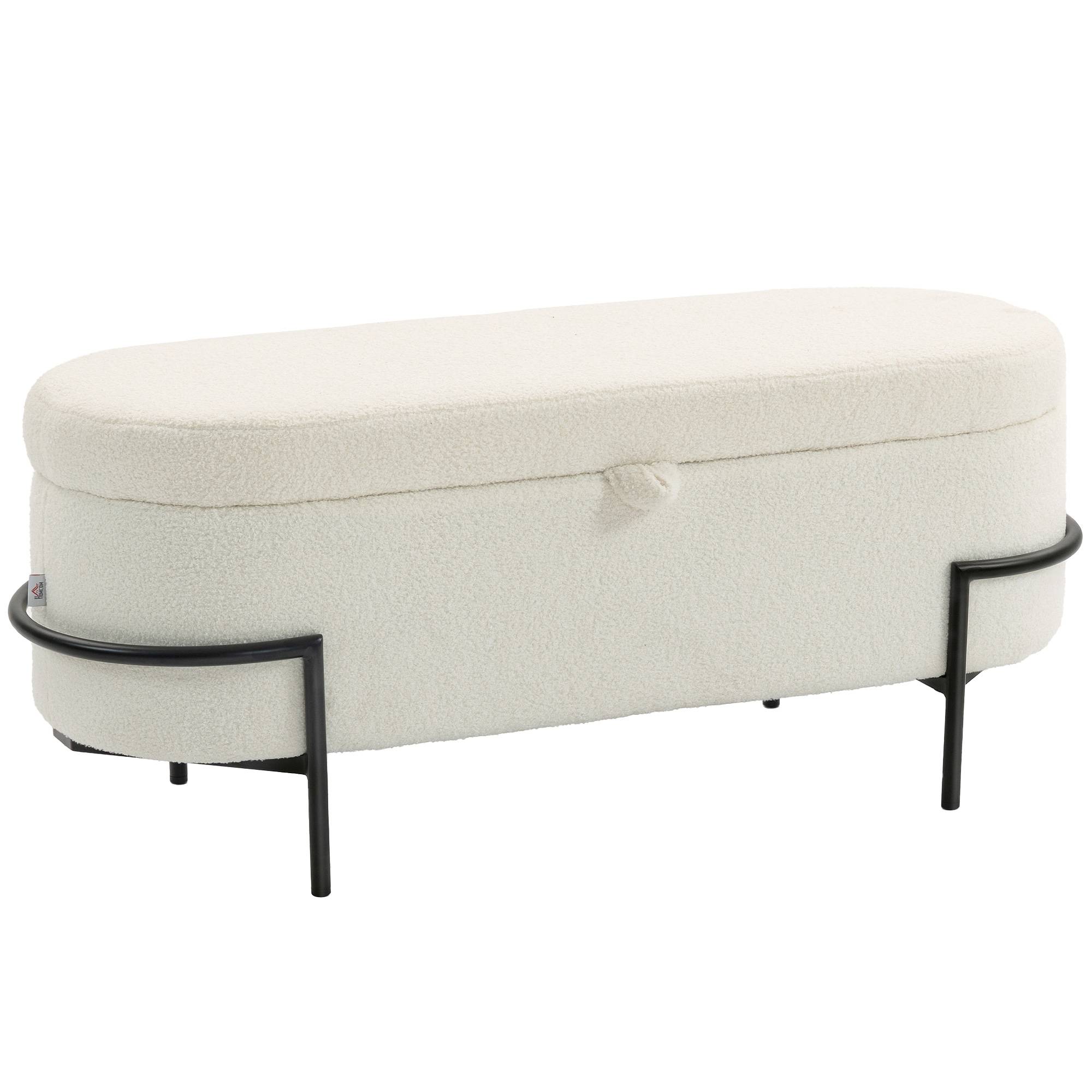 Banc de rangement, banc coffre de rangement en tissu bouclette avec couvercle relevable et pieds en acier, crème - Image 1
