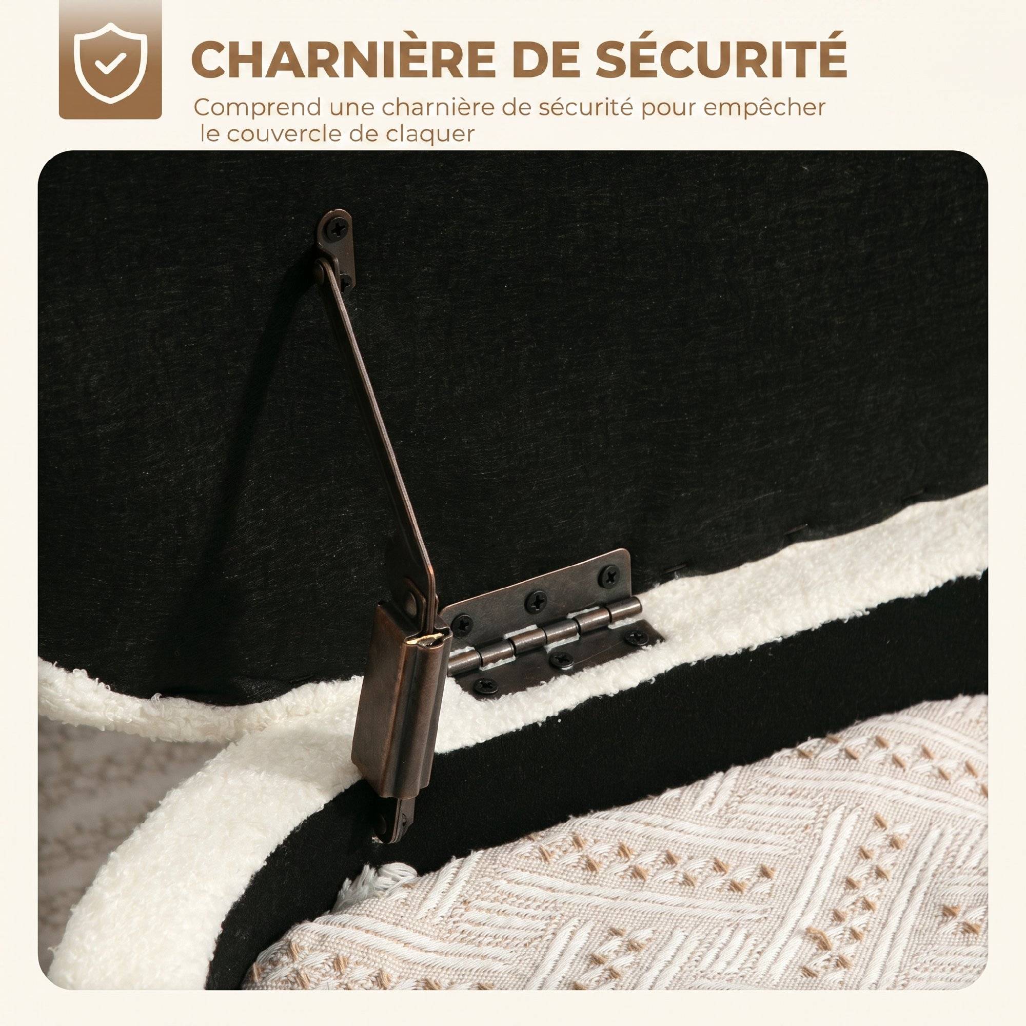 Banc de rangement, banc coffre de rangement en tissu bouclette avec couvercle relevable et pieds en acier, crème - Image 7